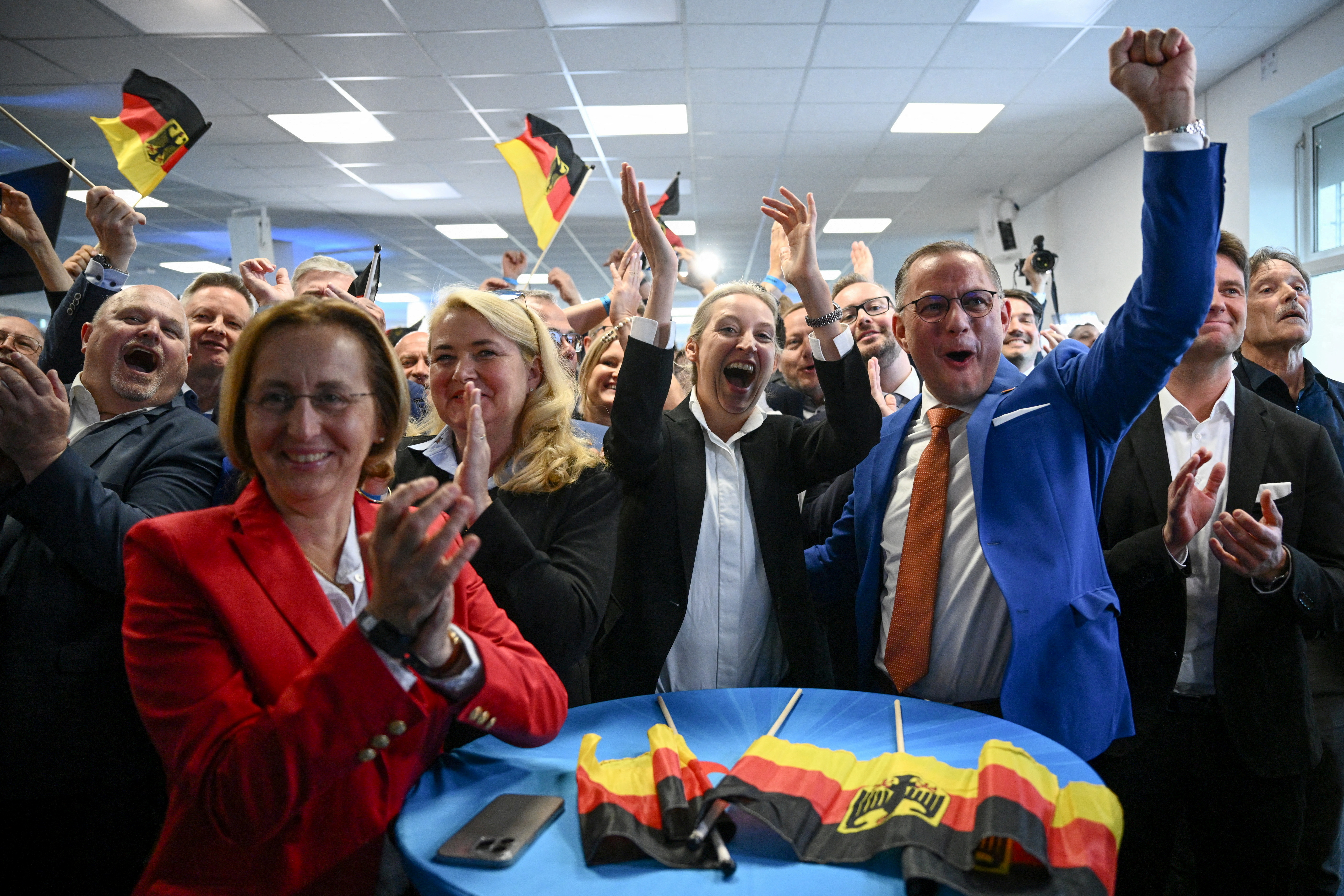 Alternative for Germany (AfD) party co-leaders Alice Weidel and Tino Chrupalla react to results after the polls closed in the European Parliament elections, in Berlin, Germany, June 9
