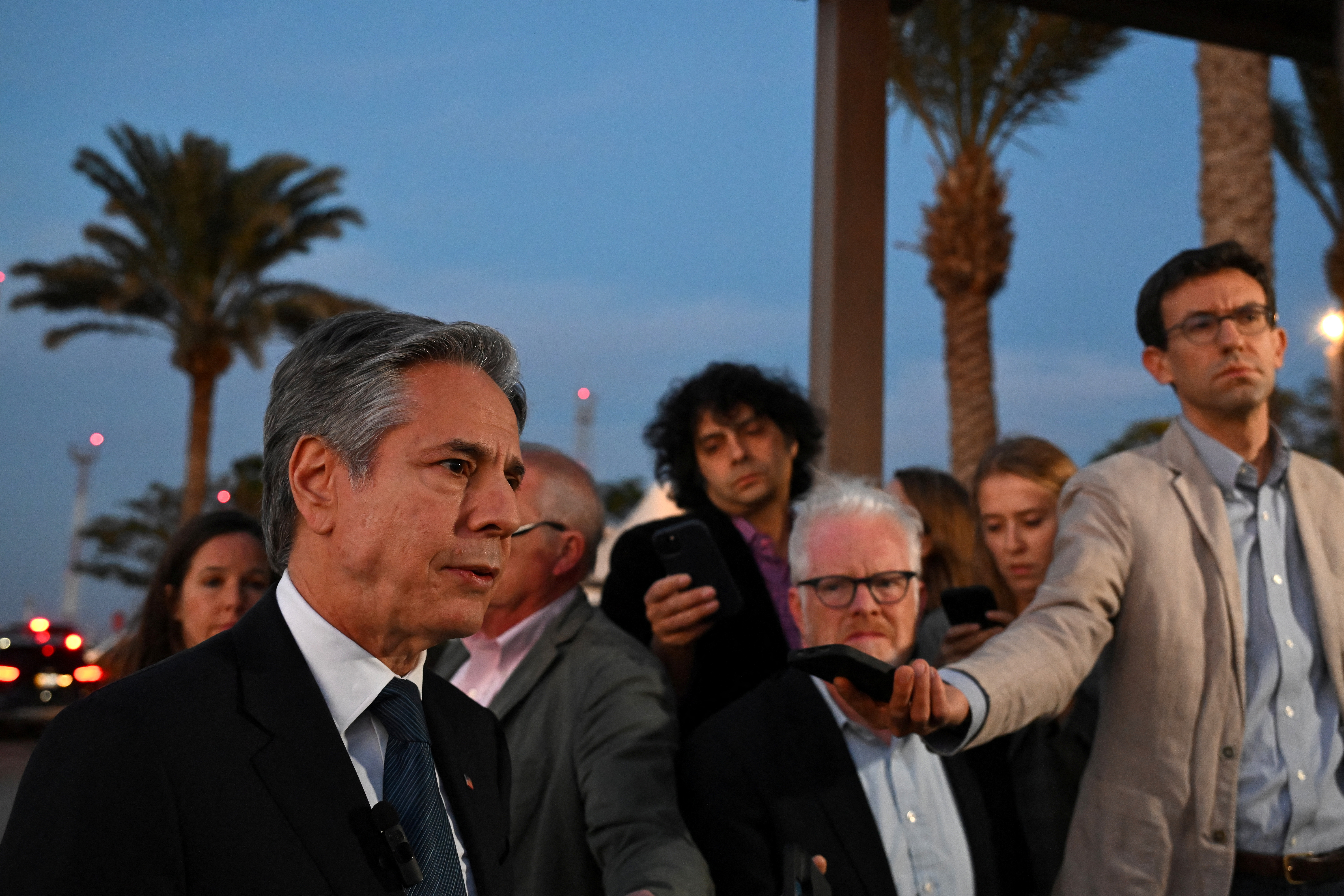 U.S. Secretary of State Antony Blinken speaks to reporters on the tarmac before his departure from King Hussein International Airport in Jordan's southern Red Sea coastal city of Aqaba on December 12, 2024