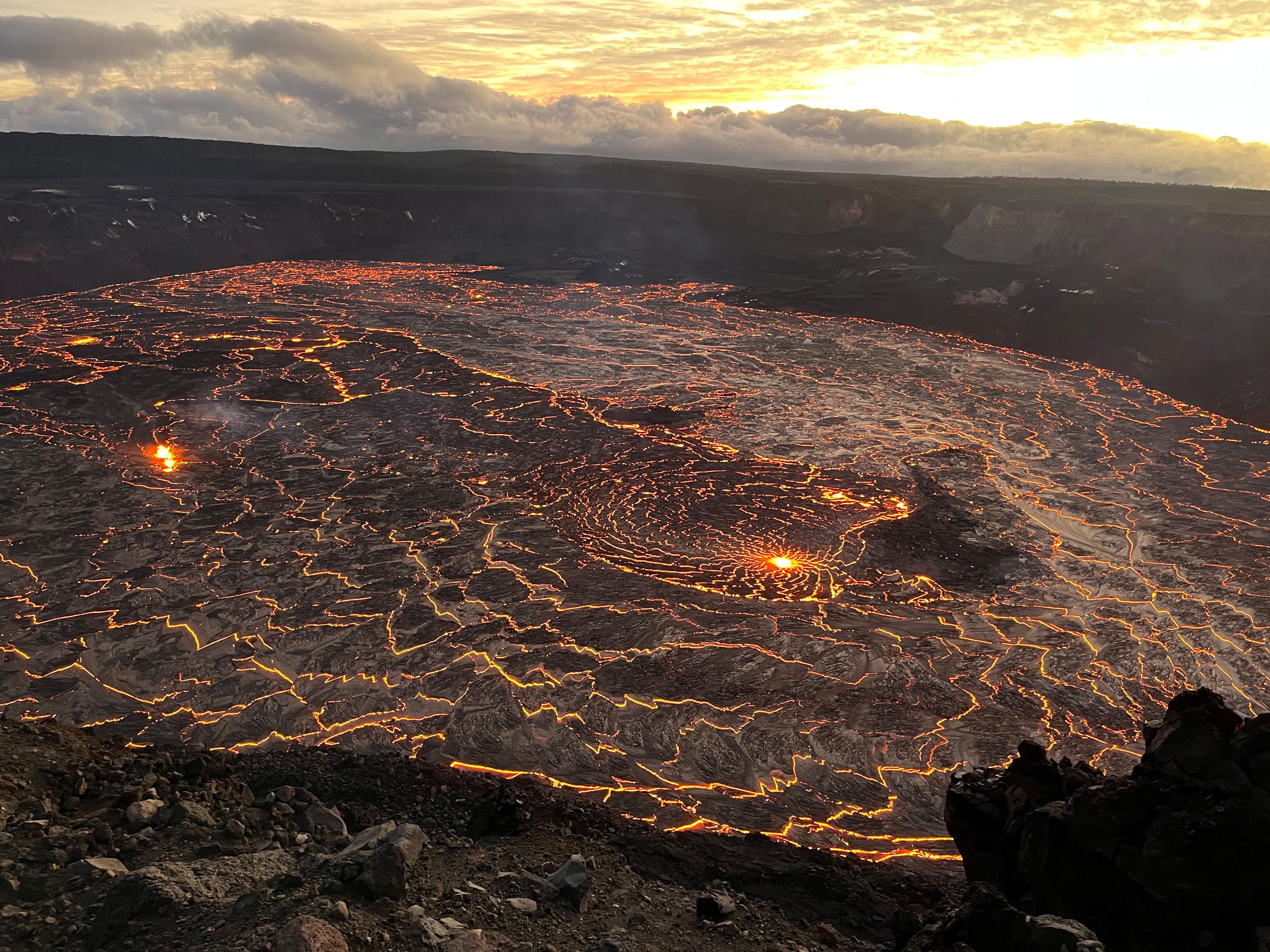 A lake of active lava in the summit caldera of the Kilauea volcano glows