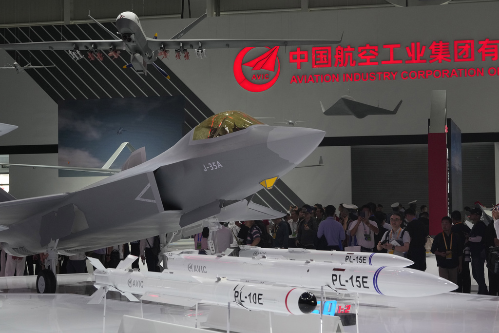 A half size replica of the J-35a Chinese stealth fighter jet is displayed at the 15th China International Aviation and Aerospace Exhibition, also known as Airshow China 2024 at Zhuhai in southern China's Guangdong province on Tuesday, Nov. 12, 2024.(AP Photo/Ng Han Guan)
