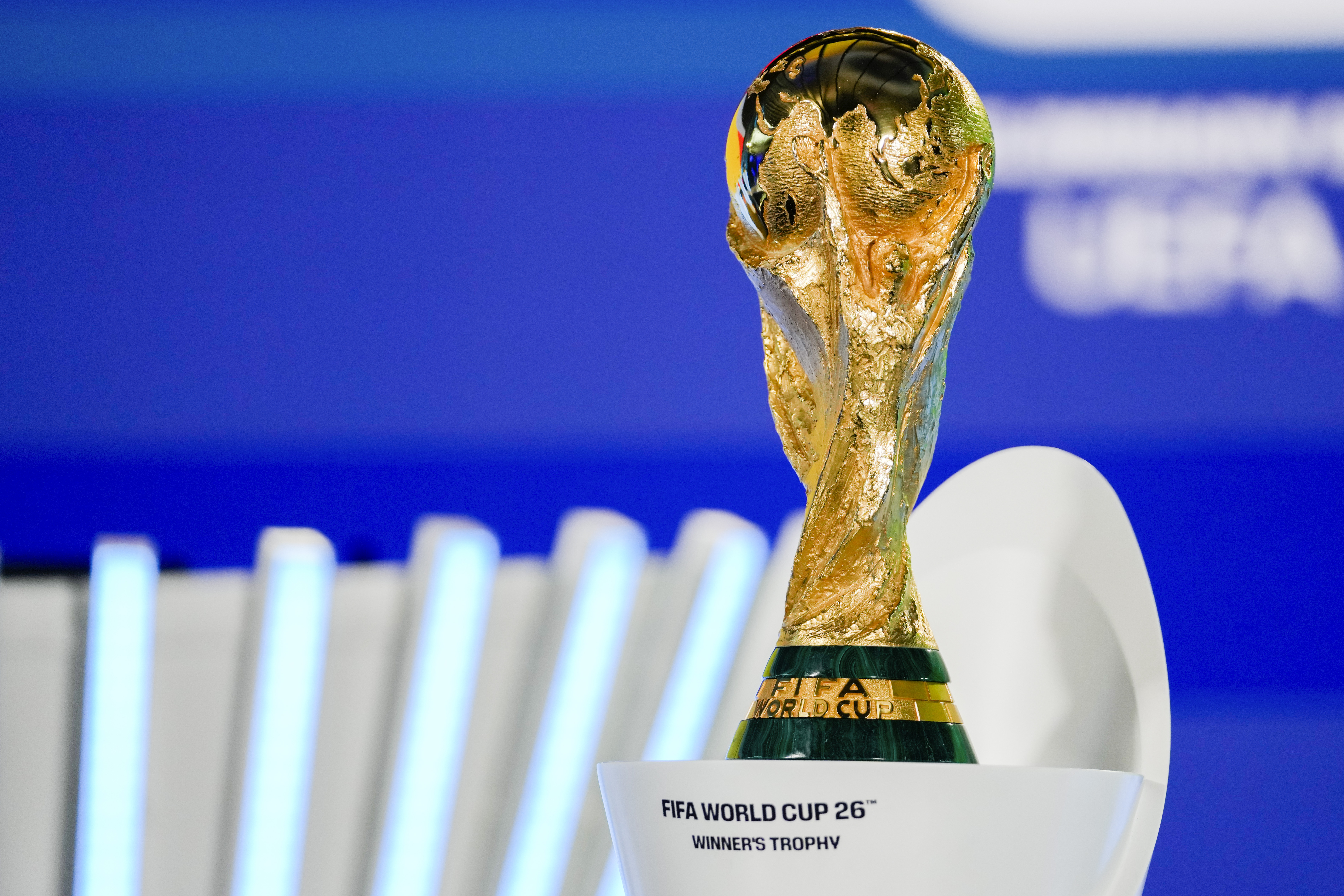 The FIFA World Cup 26 trophy is displayed during the UEFA Preliminary Draw at FIFA headquarters in Zurich, Switzerland, Friday, December 13, 2024. (AP Photo/Martin Meissner)