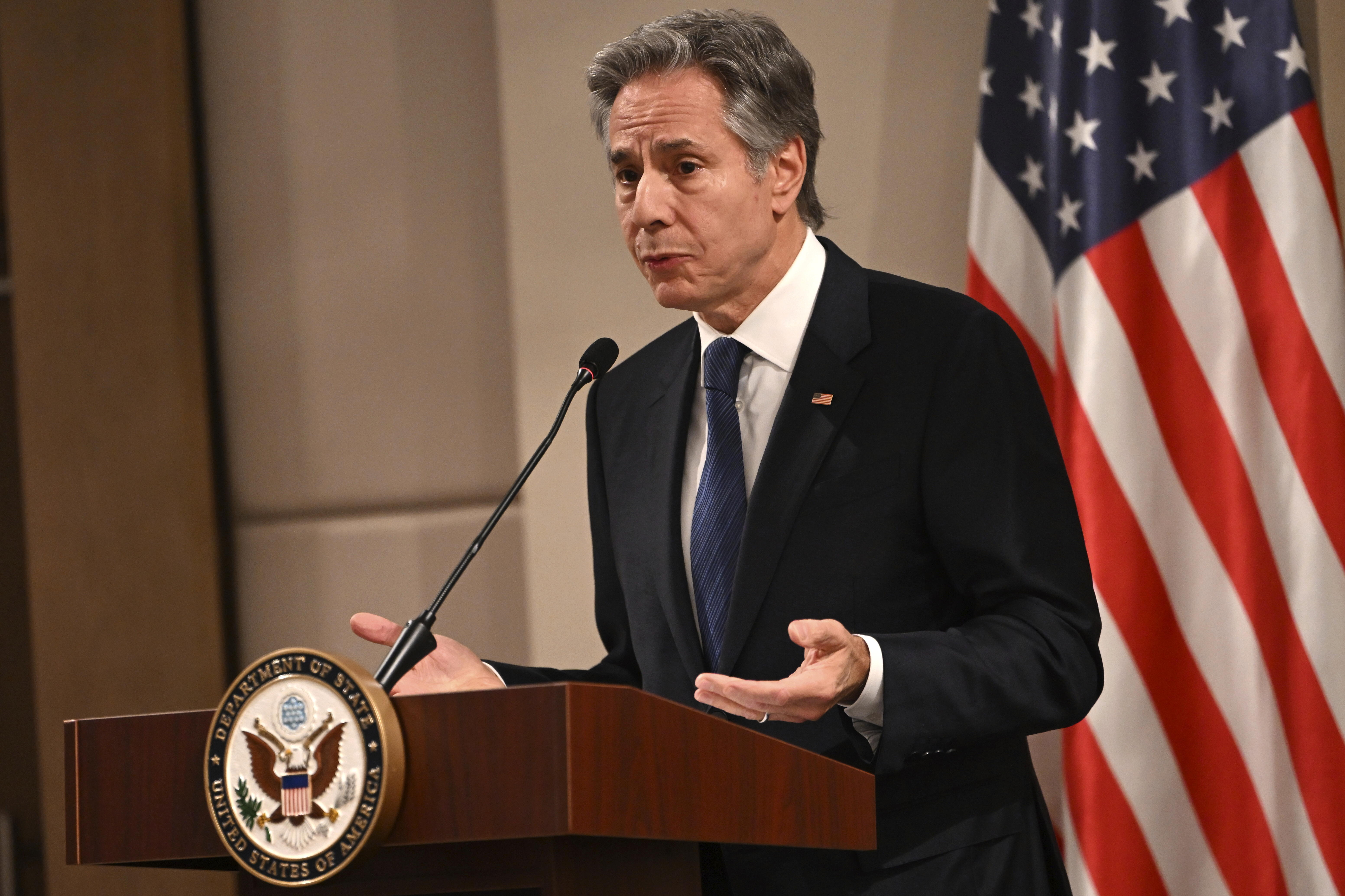 Antony Blinken speaks at a press conference.