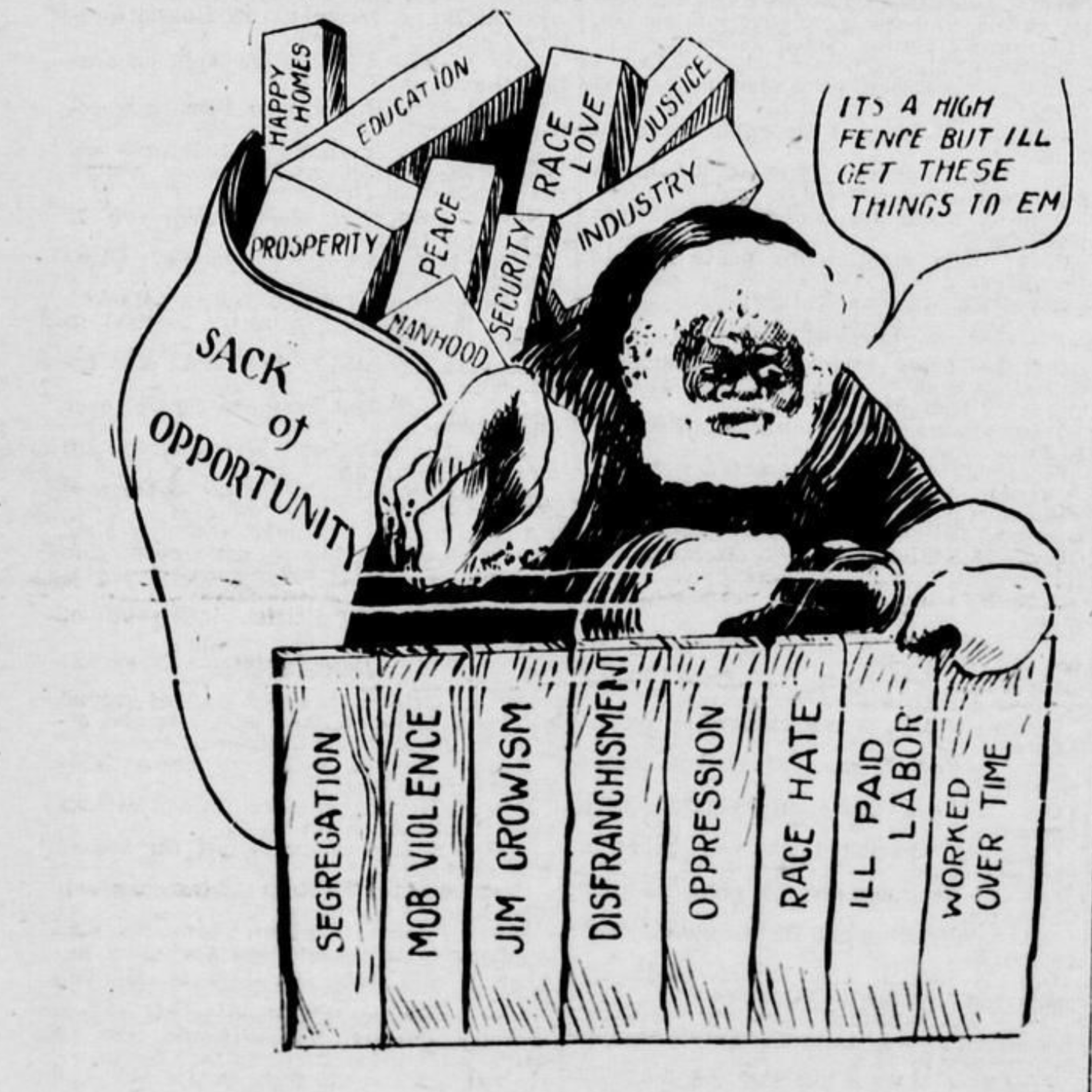 A cartoon of a Santa Claus scaling a fence labelled with obstacles to equality