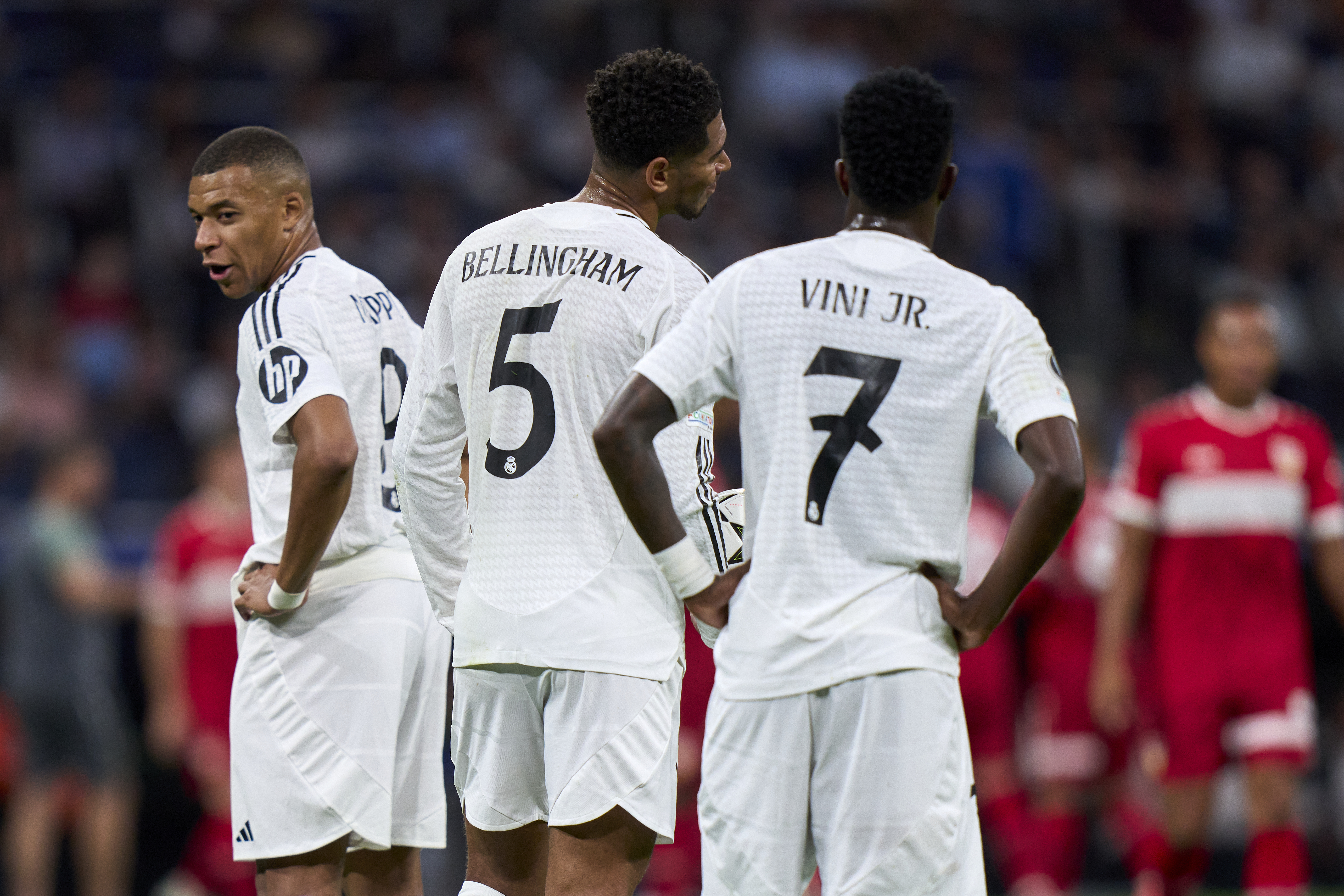 MADRID, SPAIN - SEPTEMBER 17: Jude Bellingham of Real Madrid CF reacts during the UEFA Champions League 2024/25 League Phase MD1 match between Real Madrid CF and VfB Stuttgart at Estadio Santiago Bernabeu on September 17, 2024 in Madrid, Spain. (Photo by Diego Souto/Getty Images)
