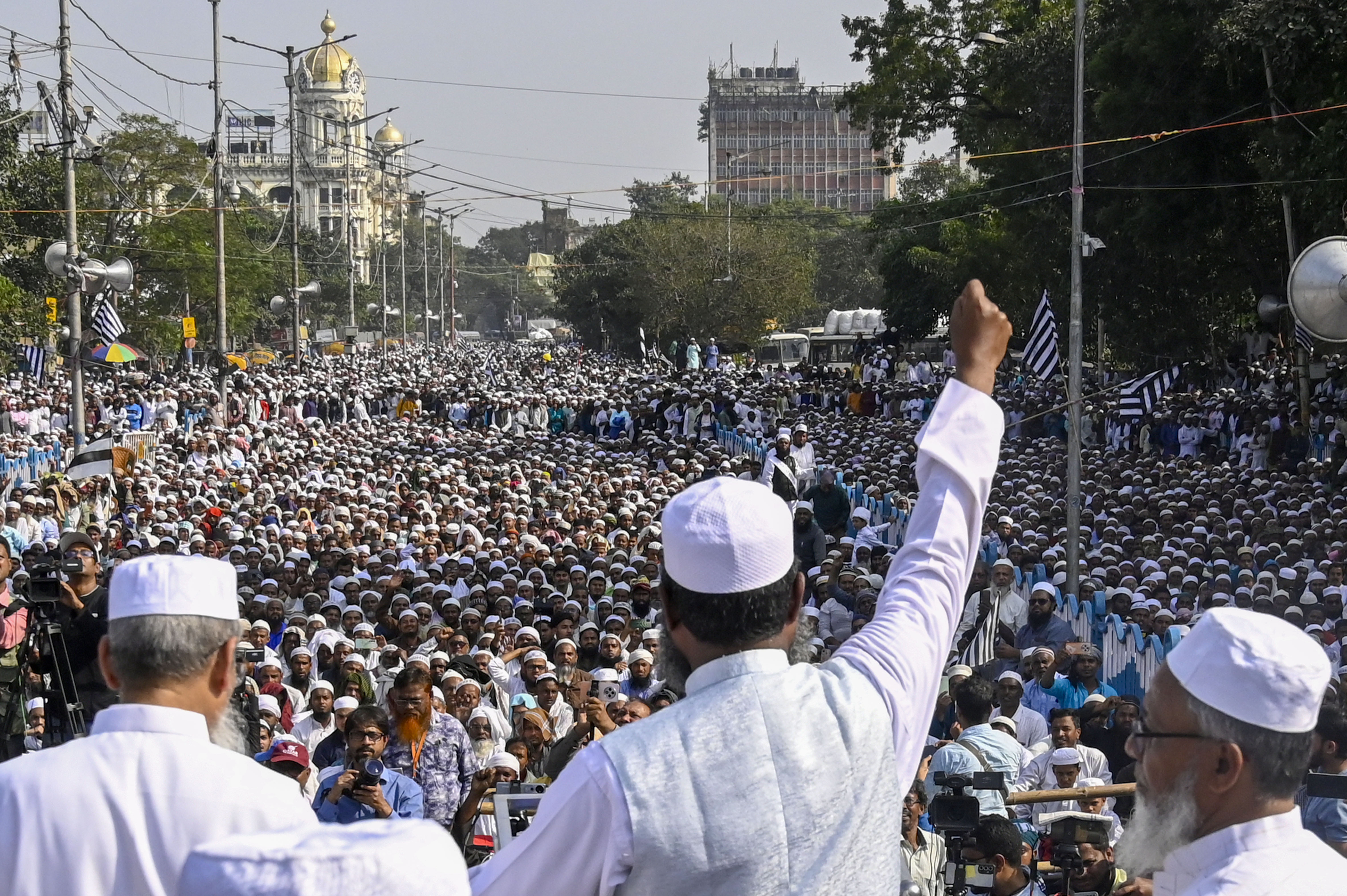 Muslim minority supporters of Jamat-e-Ulema hold in a protest rally against Waqf Amendment bill
