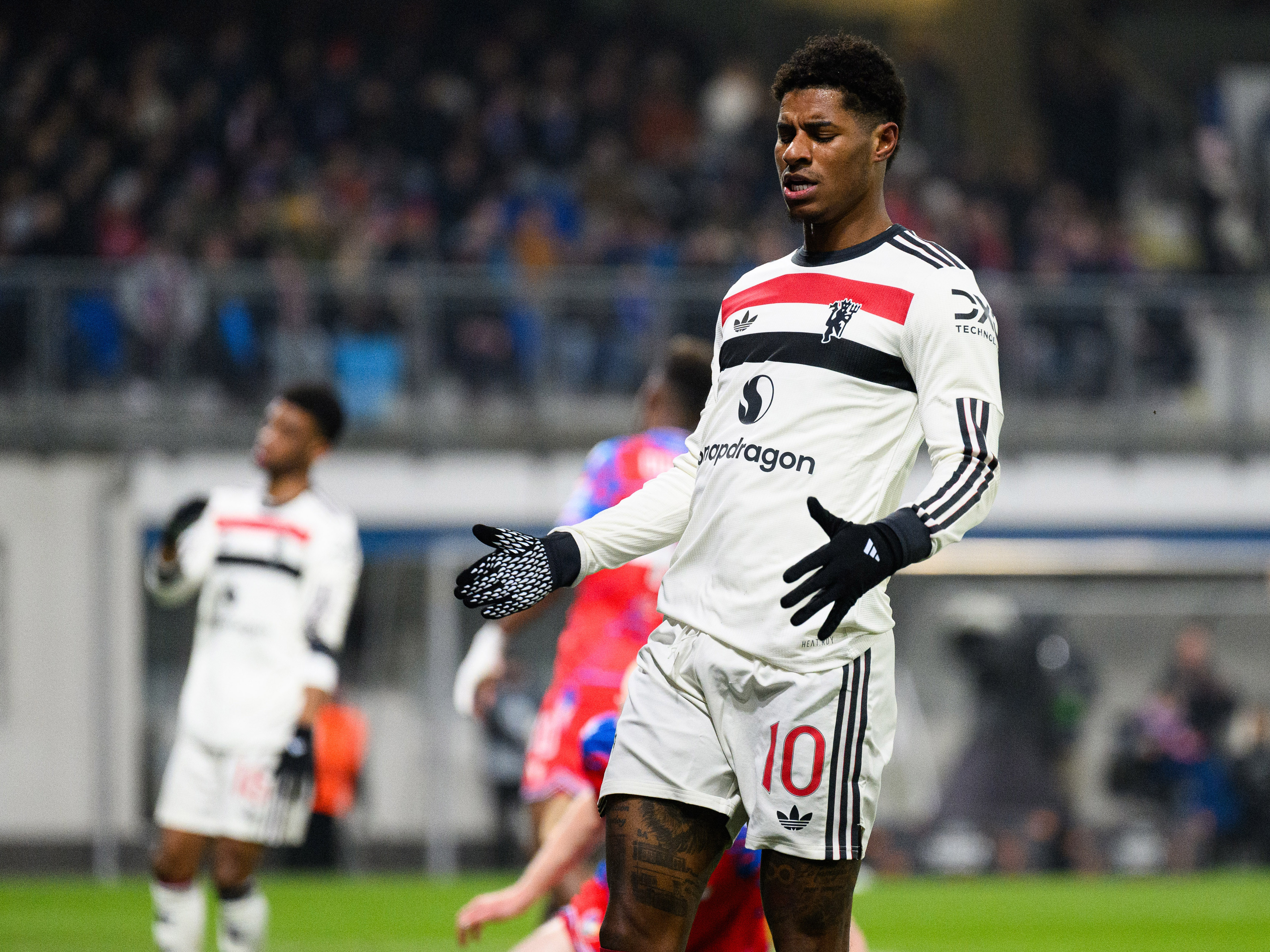 PLZEN, CZECH REPUBLIC - DECEMBER 12: Marcus Rashford of Manchester United reacts during the UEFA Europa League 2024/25 League Phase MD6 match between FC Viktoria Plzen and Manchester United at Stadion mesta Plzne on December 12, 2024 in Plzen, Czech Republic. (Photo by MB Media/Getty Images)