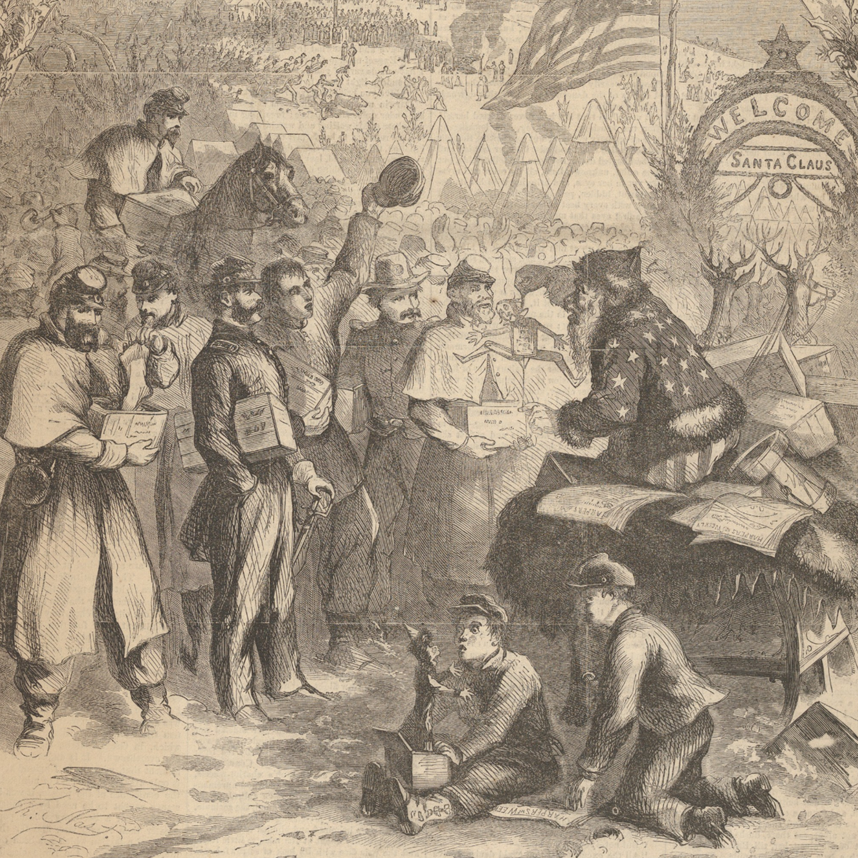 A Harper's Weekly cartoon featuring Santa Claus entertaining Union troops