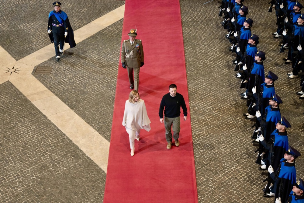 epa11815757 A handout picture made available by the Chigi Palace (Palazzo Chigi) Press Office shows Italian Prime Minister Giorgia Meloni (C) welcoming Ukrainian President Volodymyr Zelensky (R) ahead of their talks at Palazzo Chigi, Rome, Italy, 09 January 2025. EPA-EFE/FILIPPO ATTILI/CHIGI PALACE PRESS OFFICE HANDOUT HANDOUT EDITORIAL USE ONLY/NO SALES HANDOUT EDITORIAL USE ONLY/NO SALES