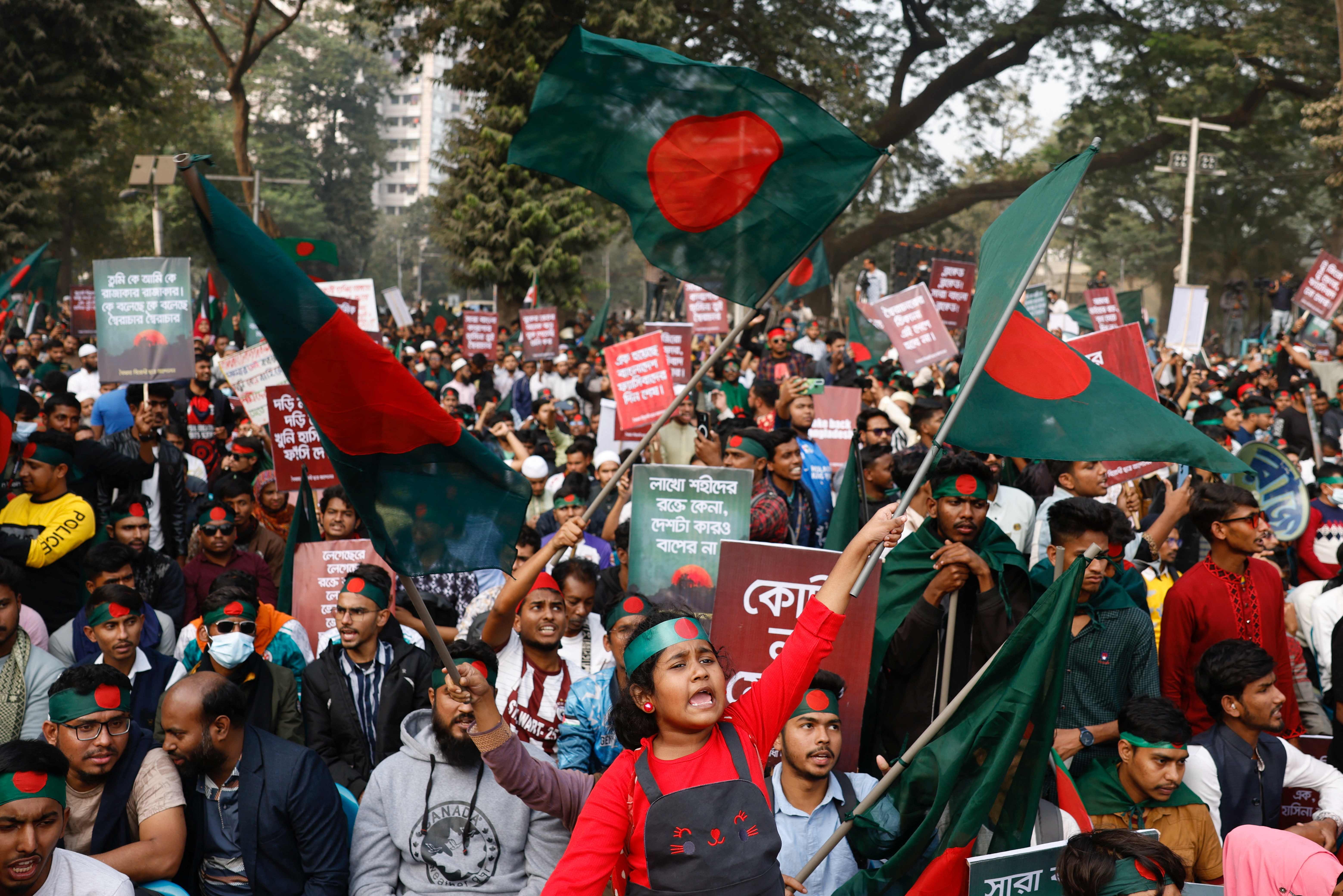 The Students Against Discrimination (SAD) group holds the "March for Unity" rally demanding proclamation of the July Revolution and to mark the student-led uprising five months ago that led to the ouster of longstanding Prime Minister Sheikh Hasina and to remember the more than 1,000 killed in the violence at the Central Shaheed Minar, in Dhaka, Bangladesh, December 31, 2024. REUTERS/Mohammad Ponir Hossain