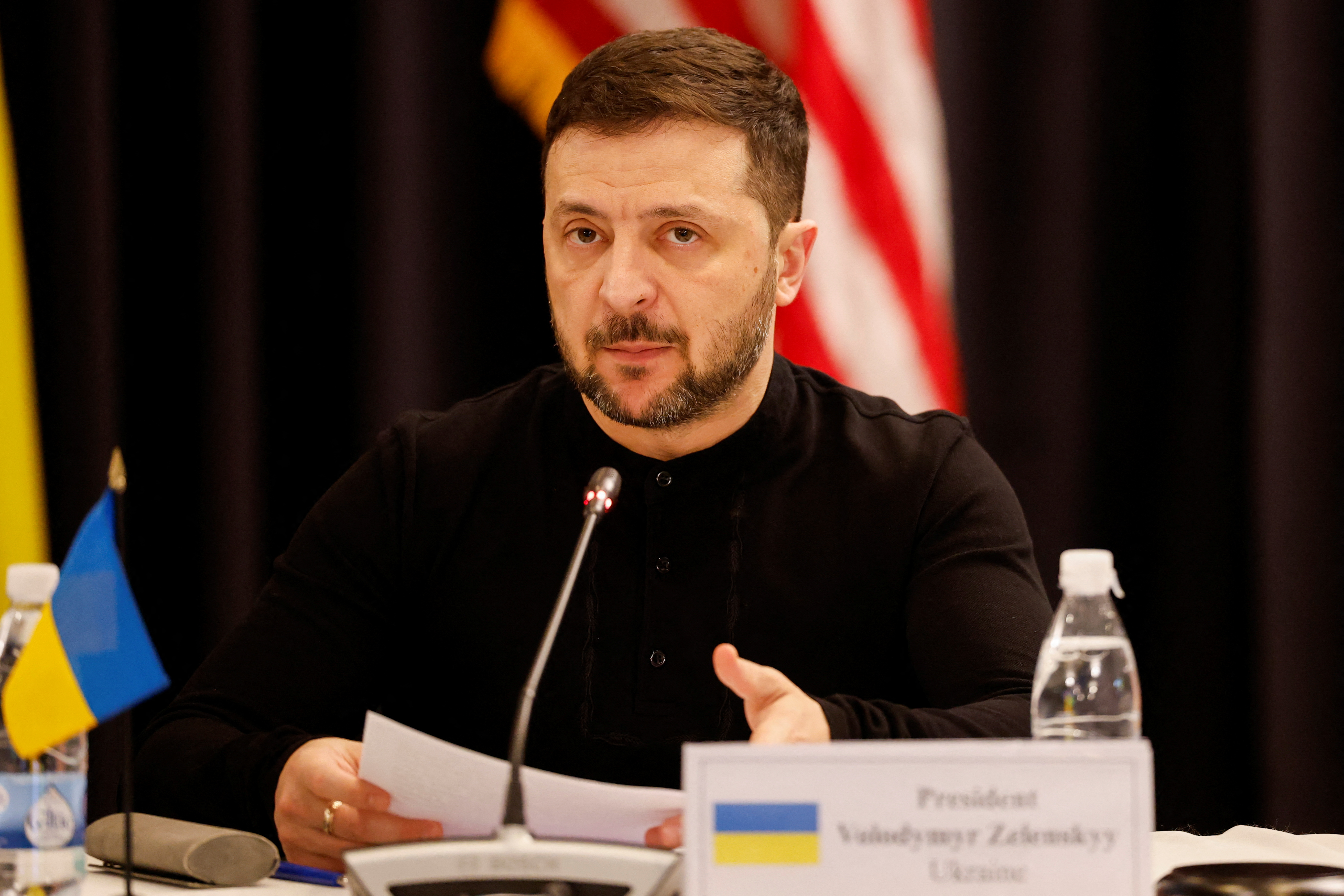 Ukraine's President Volodymyr Zelenskiy attends a press conference at the Ukraine Defense Contact Group meeting at Ramstein Air Base, Germany, January 9, 2025.