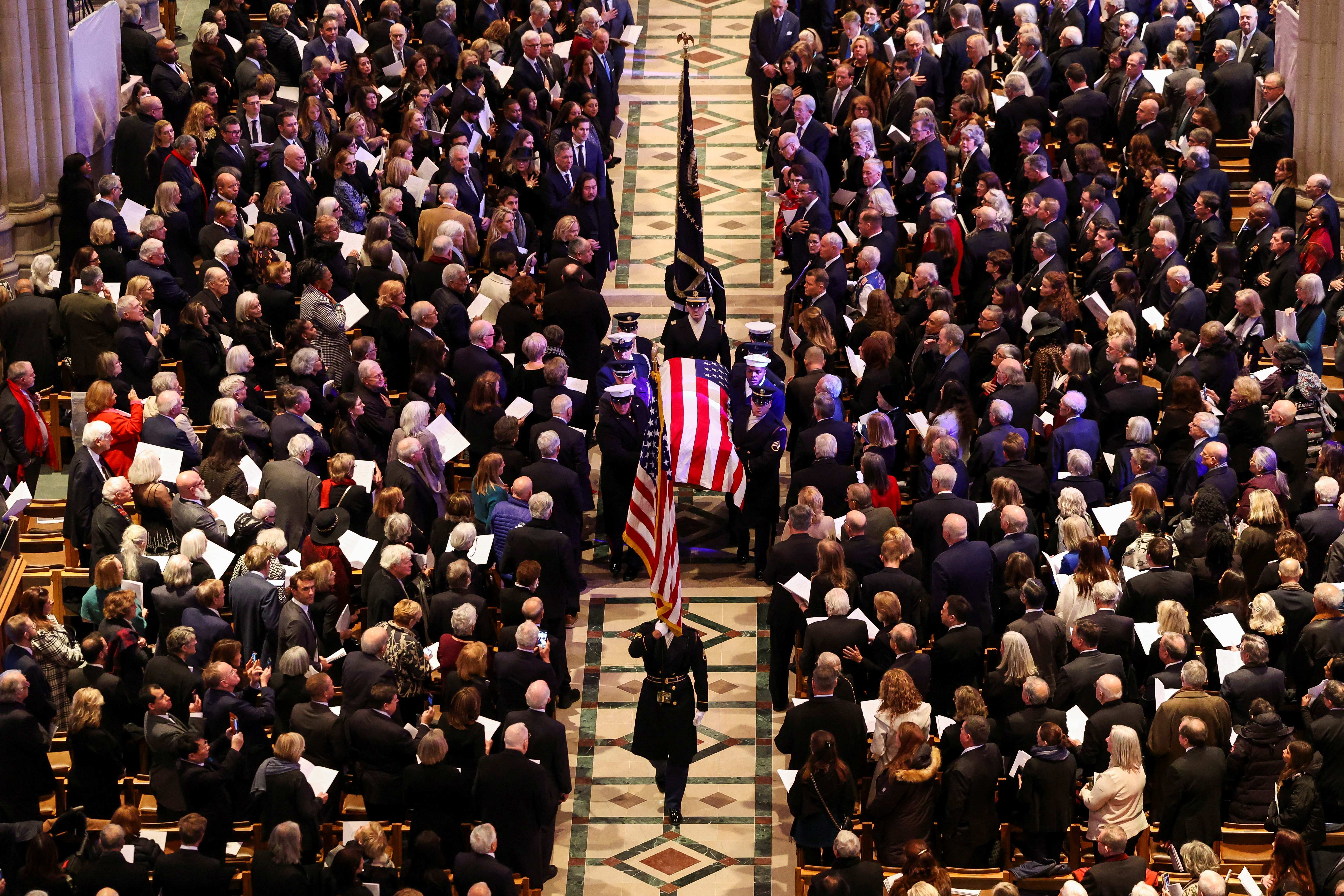 The flag-draped casket of Jimmy Carter at a funeral service in Washington, DC