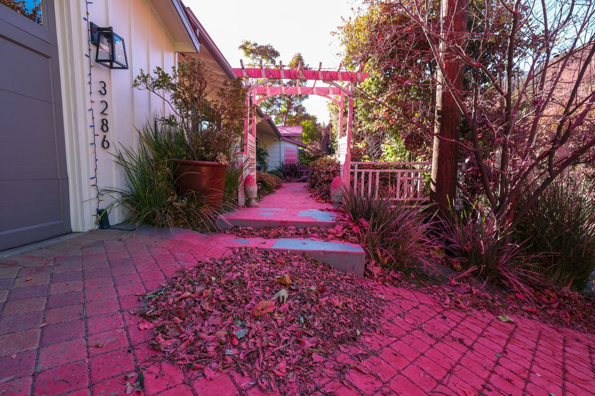Red flame retardant is seen on a home in the hills of Mandeville Canyon 