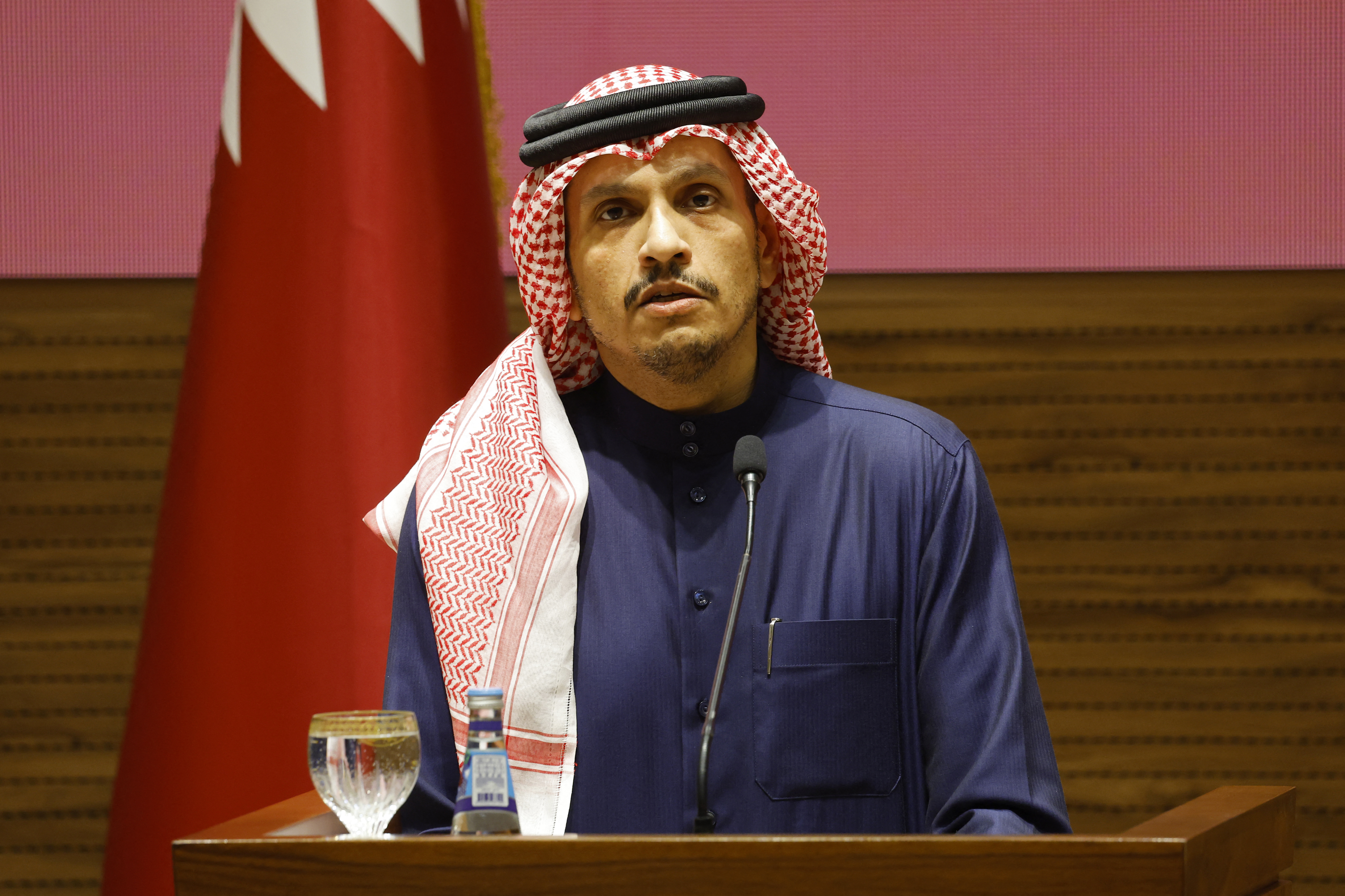 Qatar's Prime Minister Sheikh Mohammed bin Abdulrahman bin Jassim Al-Thani addresses a press conference at the Diwan Annex in Doha on January 15, 2025. [Karim Jaafar/AFP]