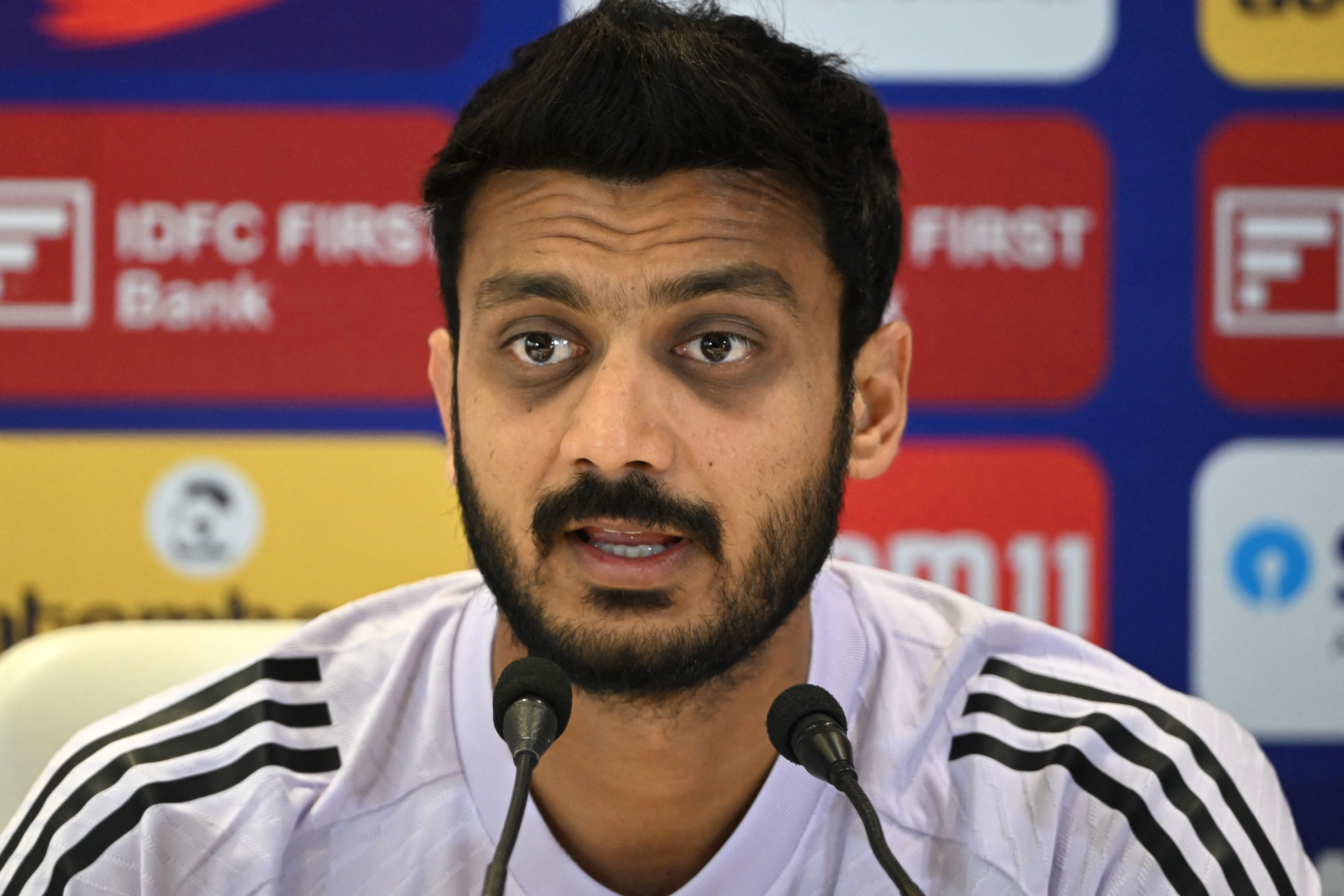 Indias Axar Patel attends a press conference ahead of the practice session ahead of their first Twenty20 international cricket match against England at the Eden Gardens in Kolkata on January 20, 2025. (Photo by DIBYANGSHU SARKAR / AFP) / -- IMAGE RESTRICTED TO EDITORIAL USE - STRICTLY NO COMMERCIAL USE --