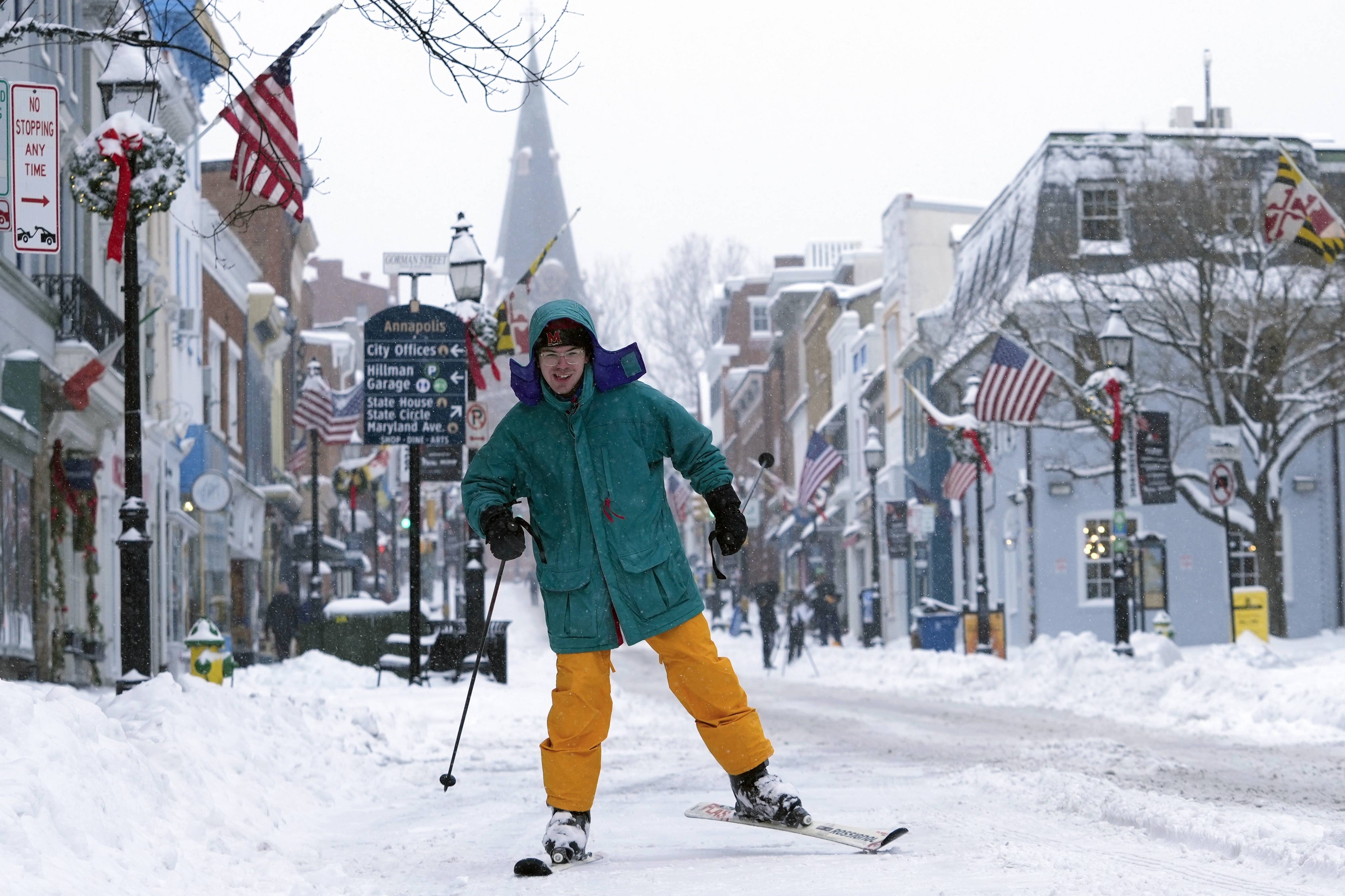 A man skies down a street in Annapolis, Maryland