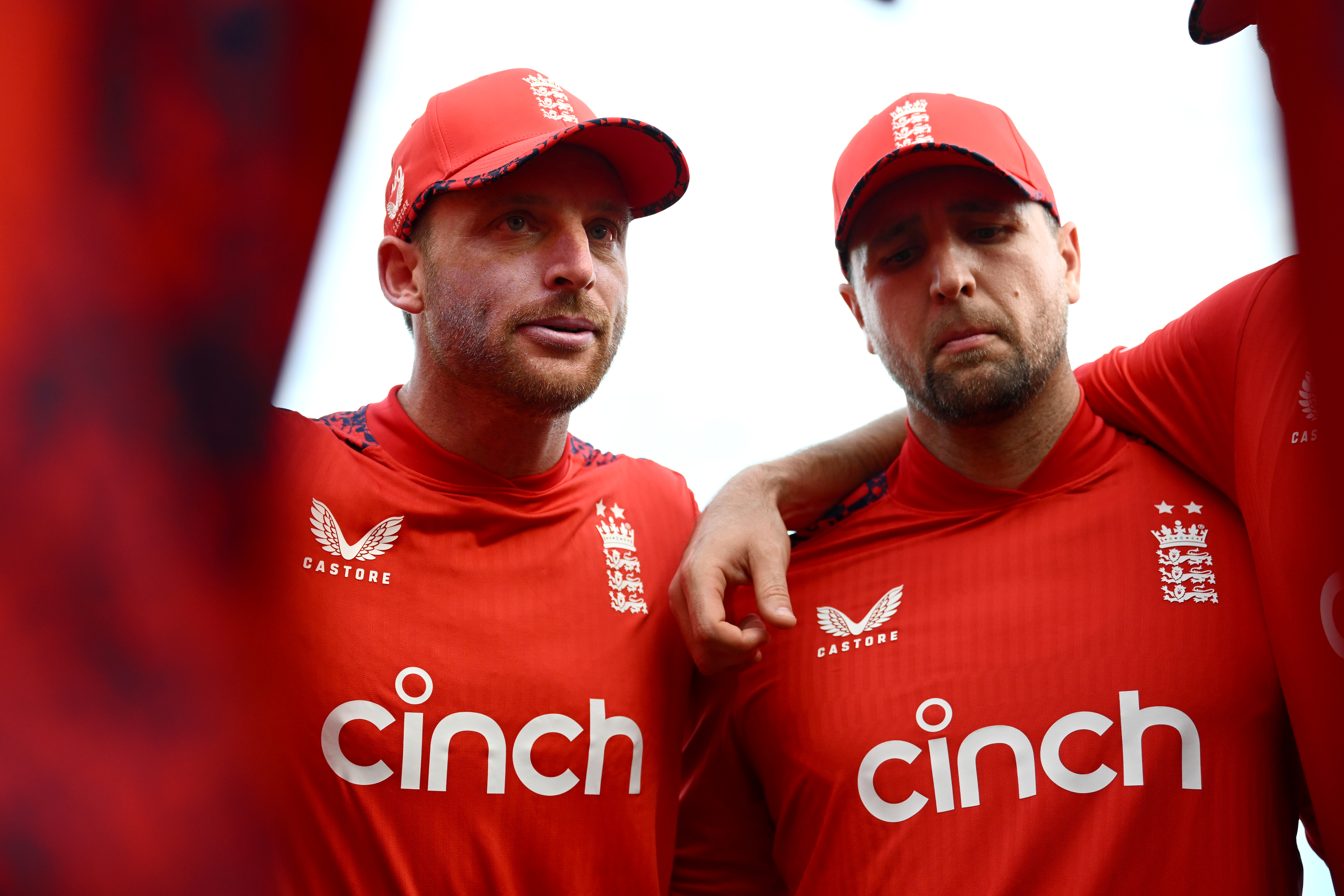 England captain Jos Buttler speaks to his team.