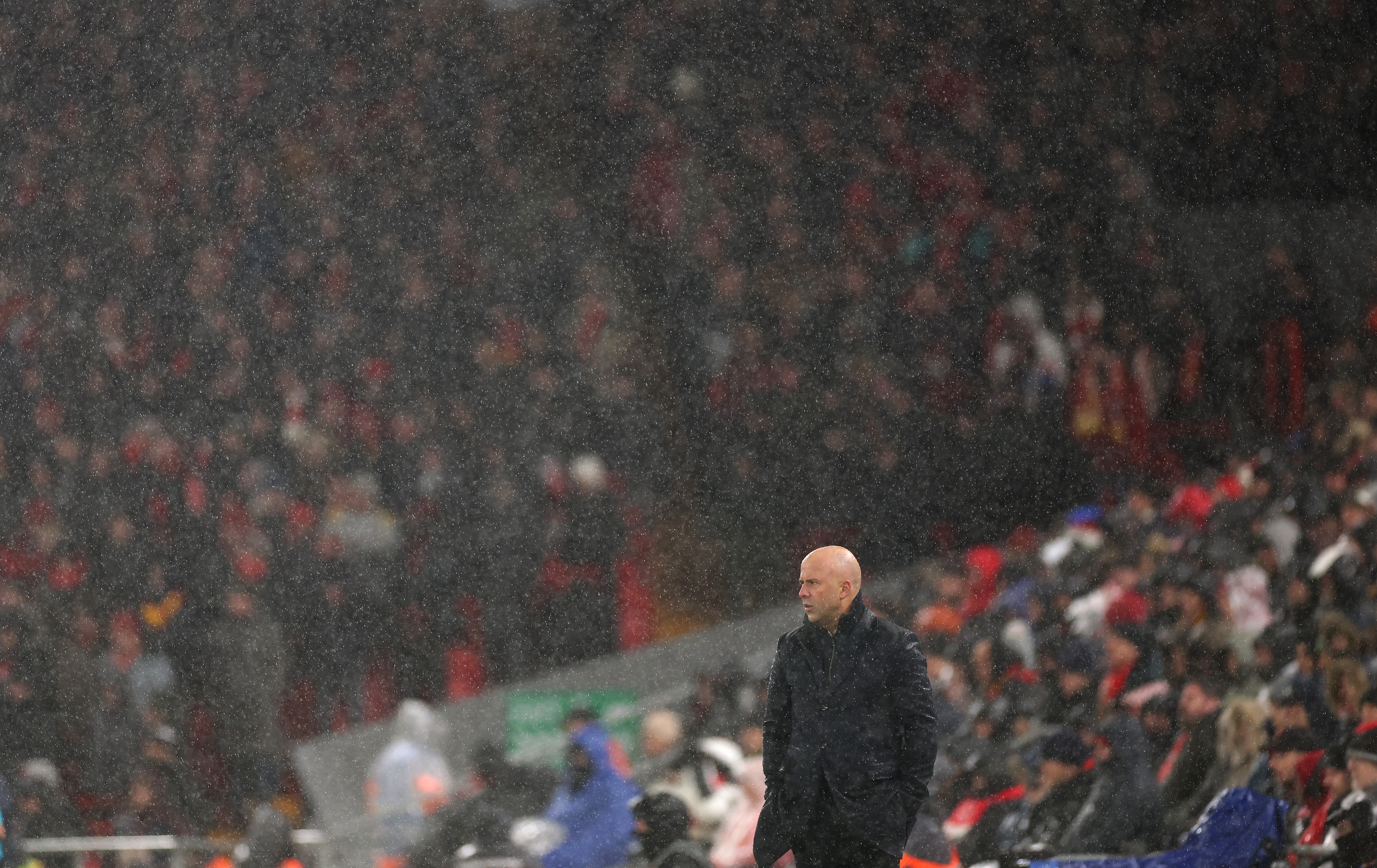 LIVERPOOL, ENGLAND - JANUARY 05: Arne Slot, Manager of Liverpool, gestures during the Premier League match between Liverpool FC and Manchester United FC at Anfield on January 05, 2025 in Liverpool, England. (Photo by Carl Recine/Getty Images)