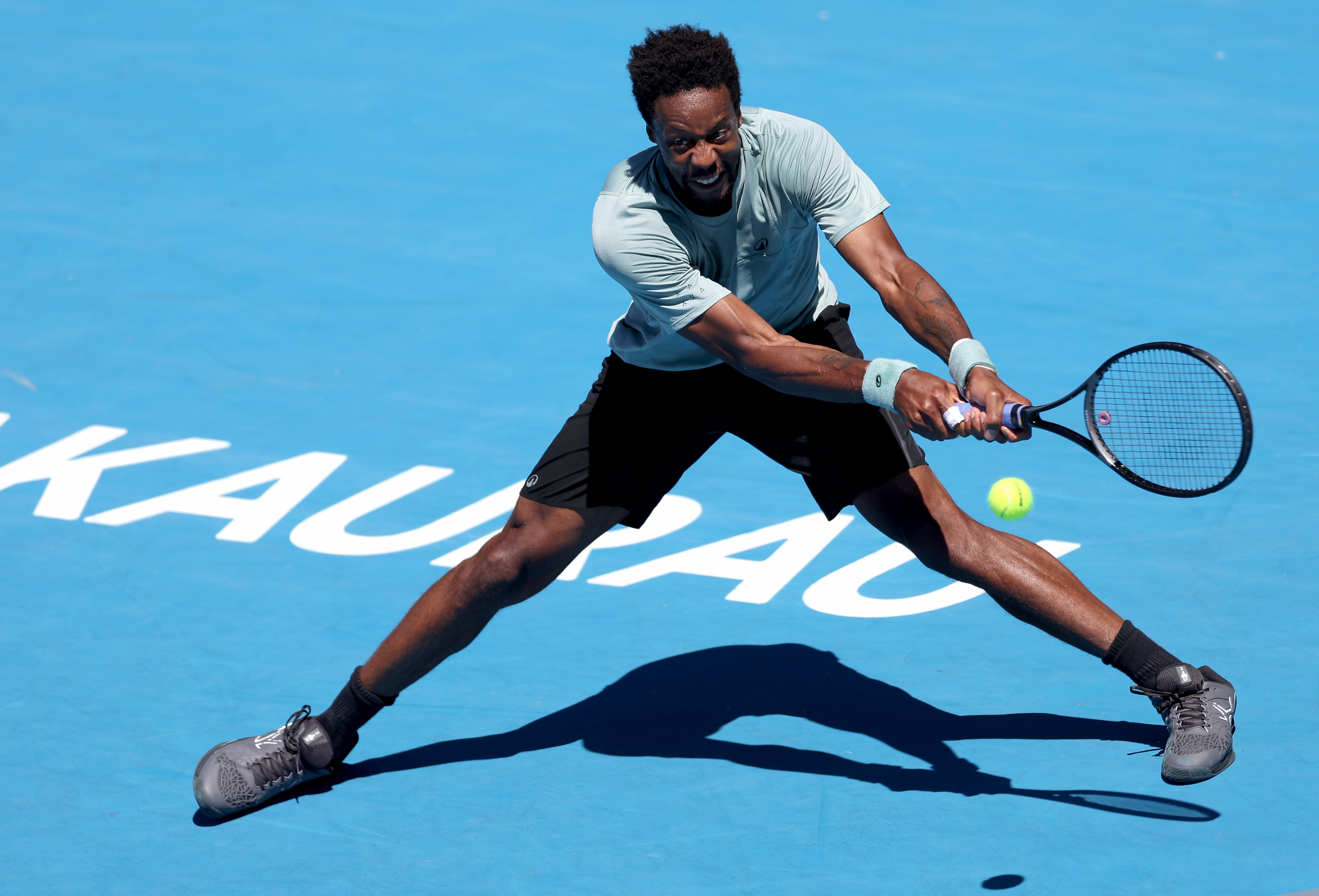 AUCKLAND, NEW ZEALAND - JANUARY 11: Gael Monfils of France plays a backhand in his Mens Final against Zizou Bergs of Belgium on Day 13 of the ASB Classic at the ASB Tennis Centre on January 11, 2025 in Auckland, New Zealand. (Photo by Phil Walter/Getty Images)