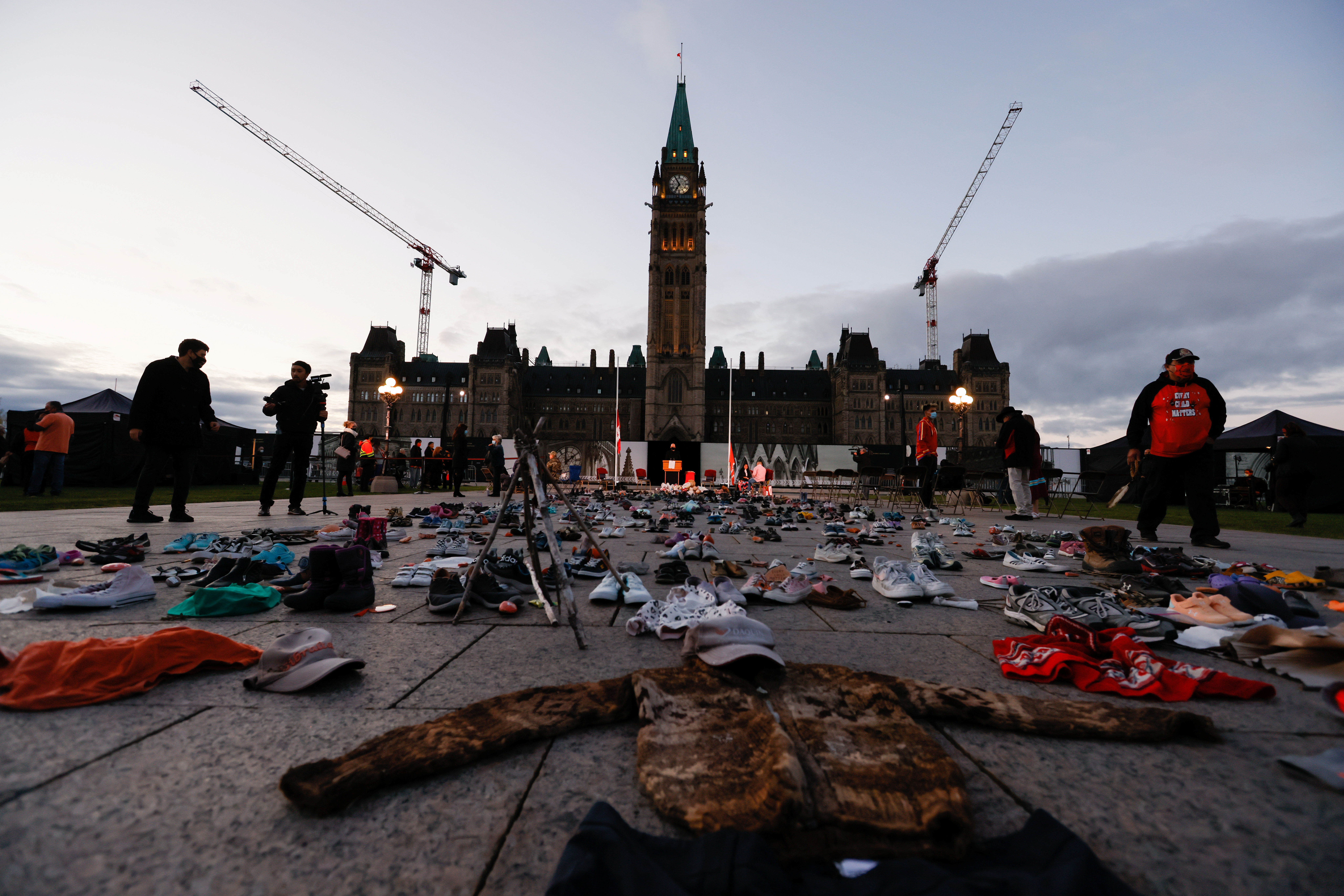 Clothes and shoes in front of Parliament Hill in Ottawa