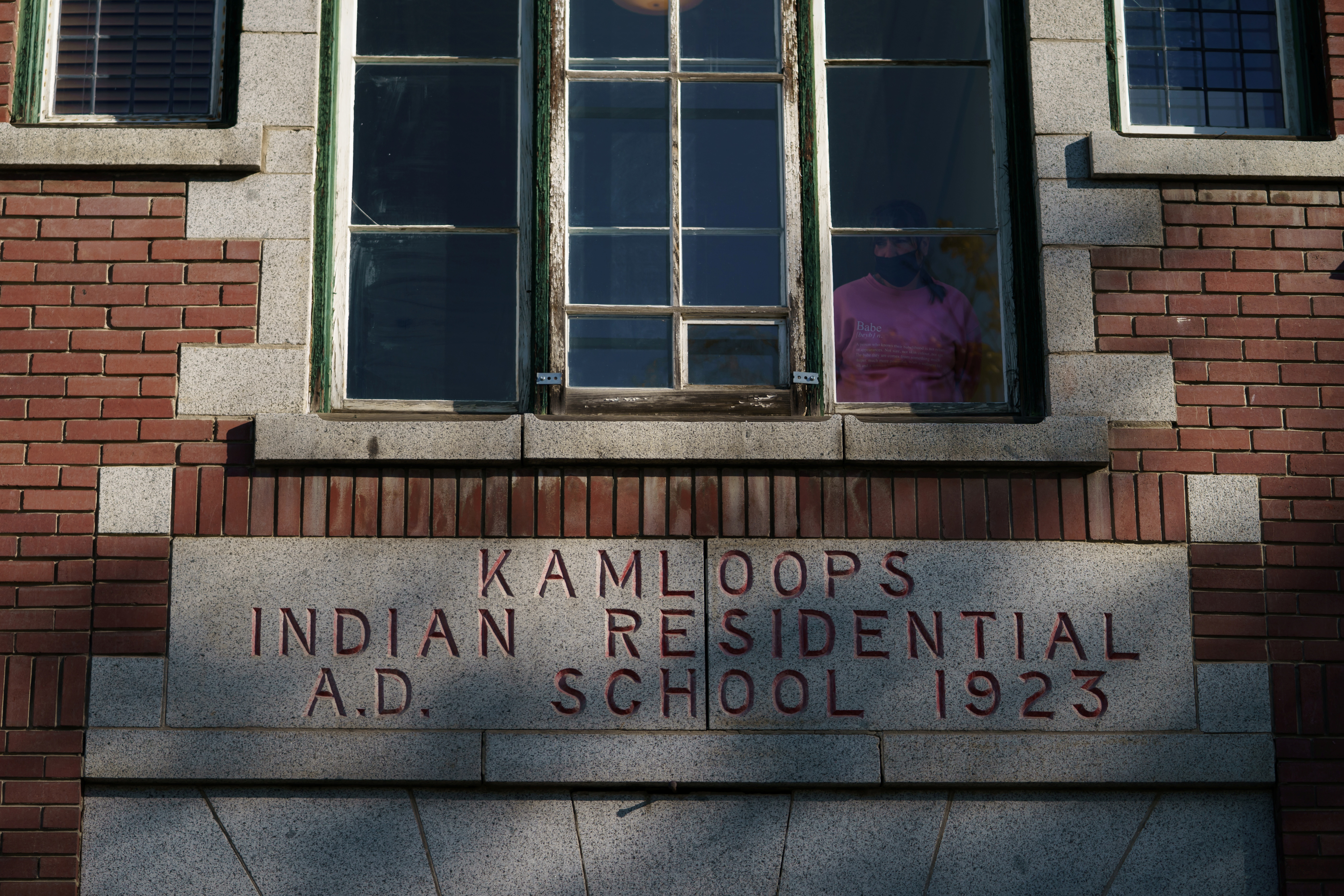 A view of the sign of Kamloops Indian Residential School