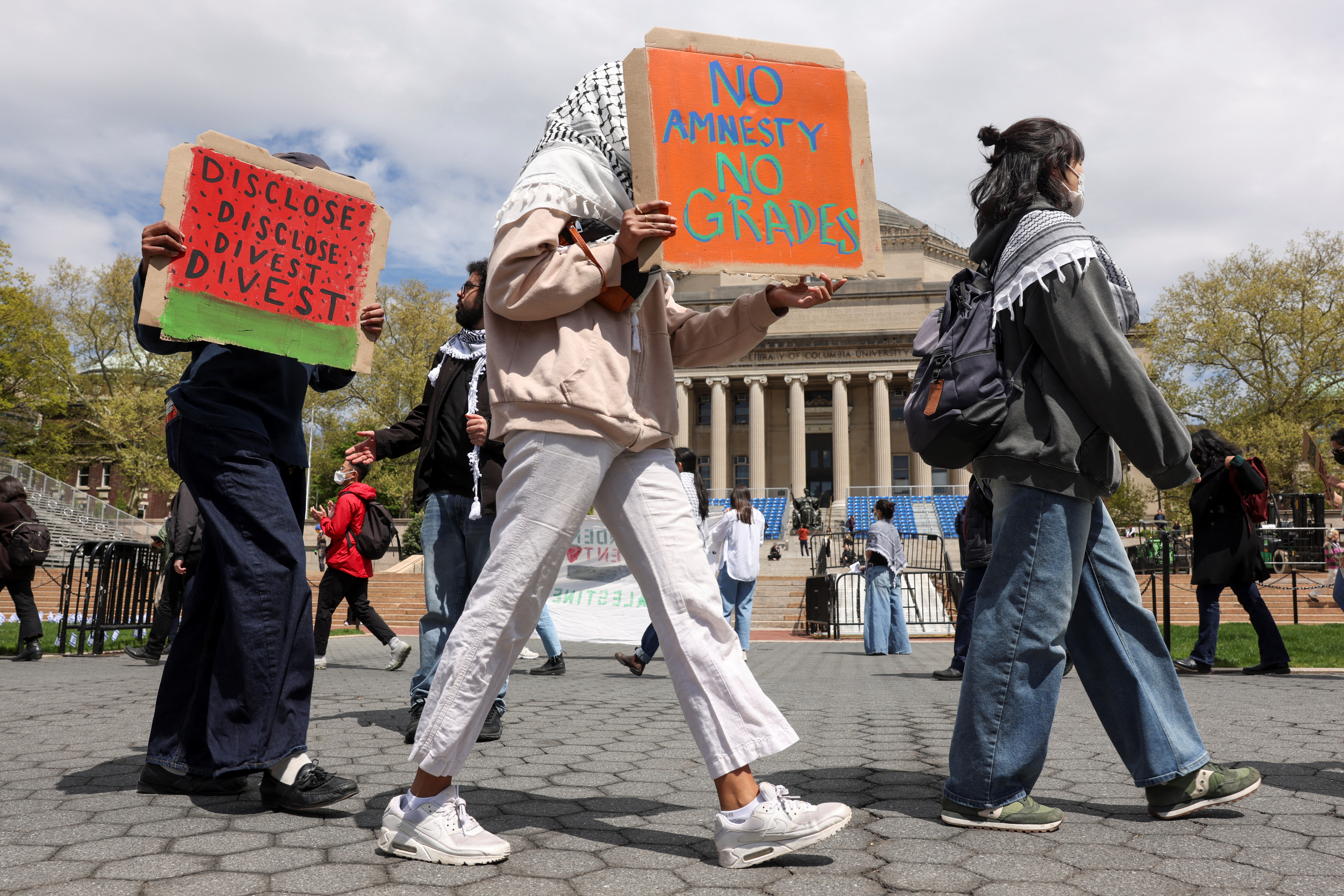 Independent student workers supporting Palestinians hold a march at the main campus as protests continue at Columbia University
