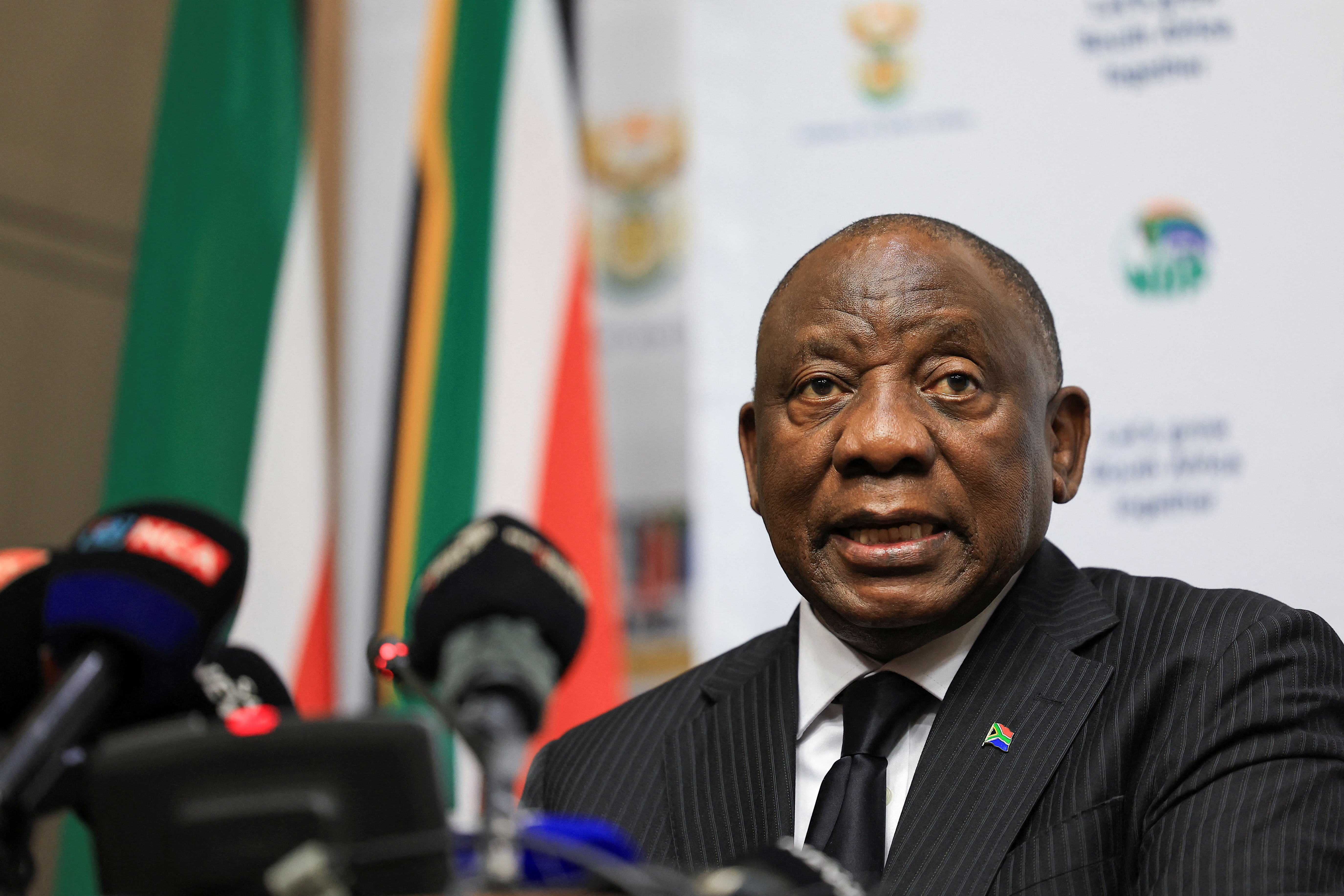 South African President Cyril Ramaphosa briefs the media on South Africa's G20 presidency for 2025 at the parliament in Cape Town, South Africa, December 3, 2024. REUTERS/Esa Alexander