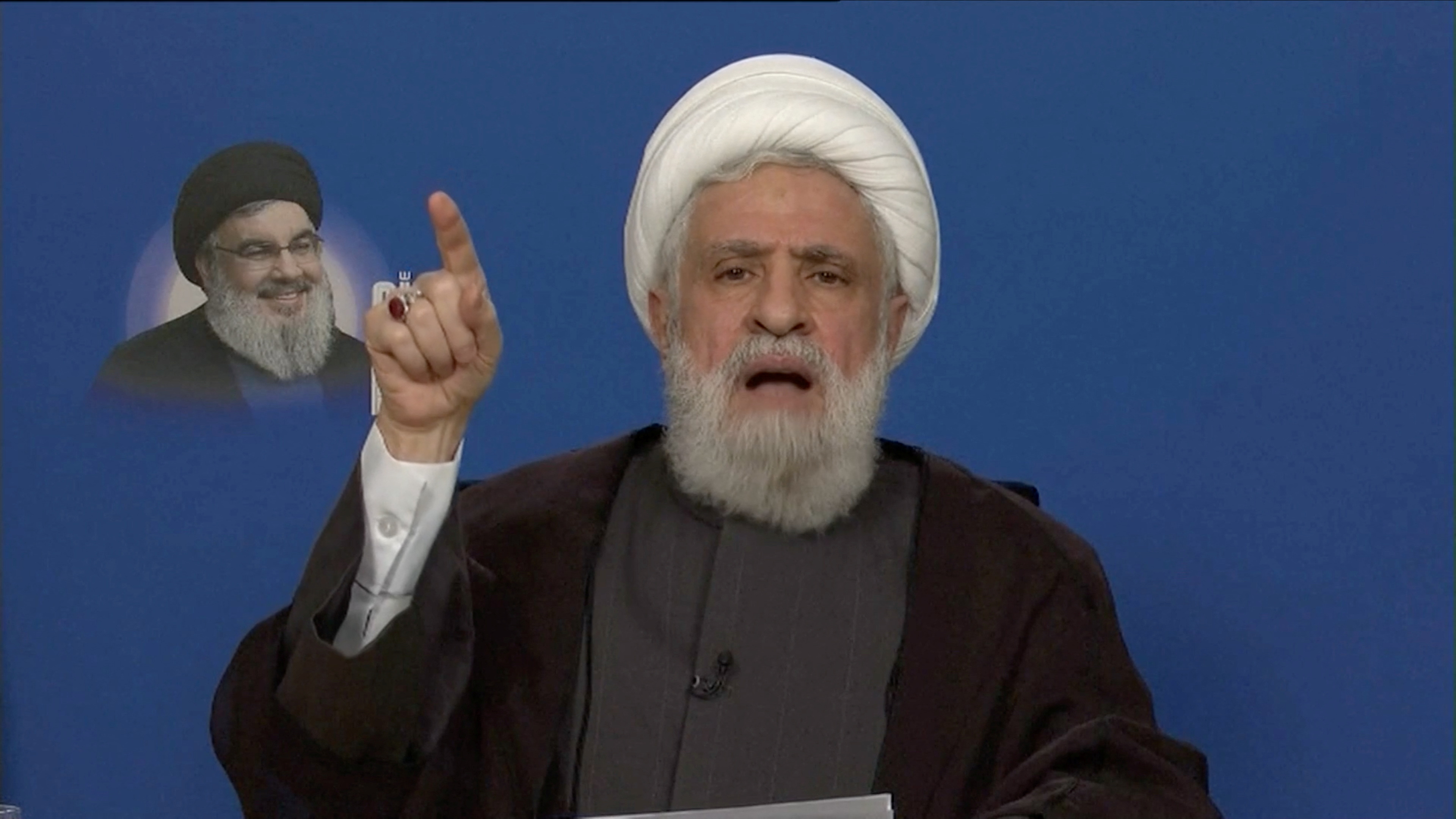 Lebanon's Hezbollah leader Sheikh Naim Qassem delivers an address from an unknown location