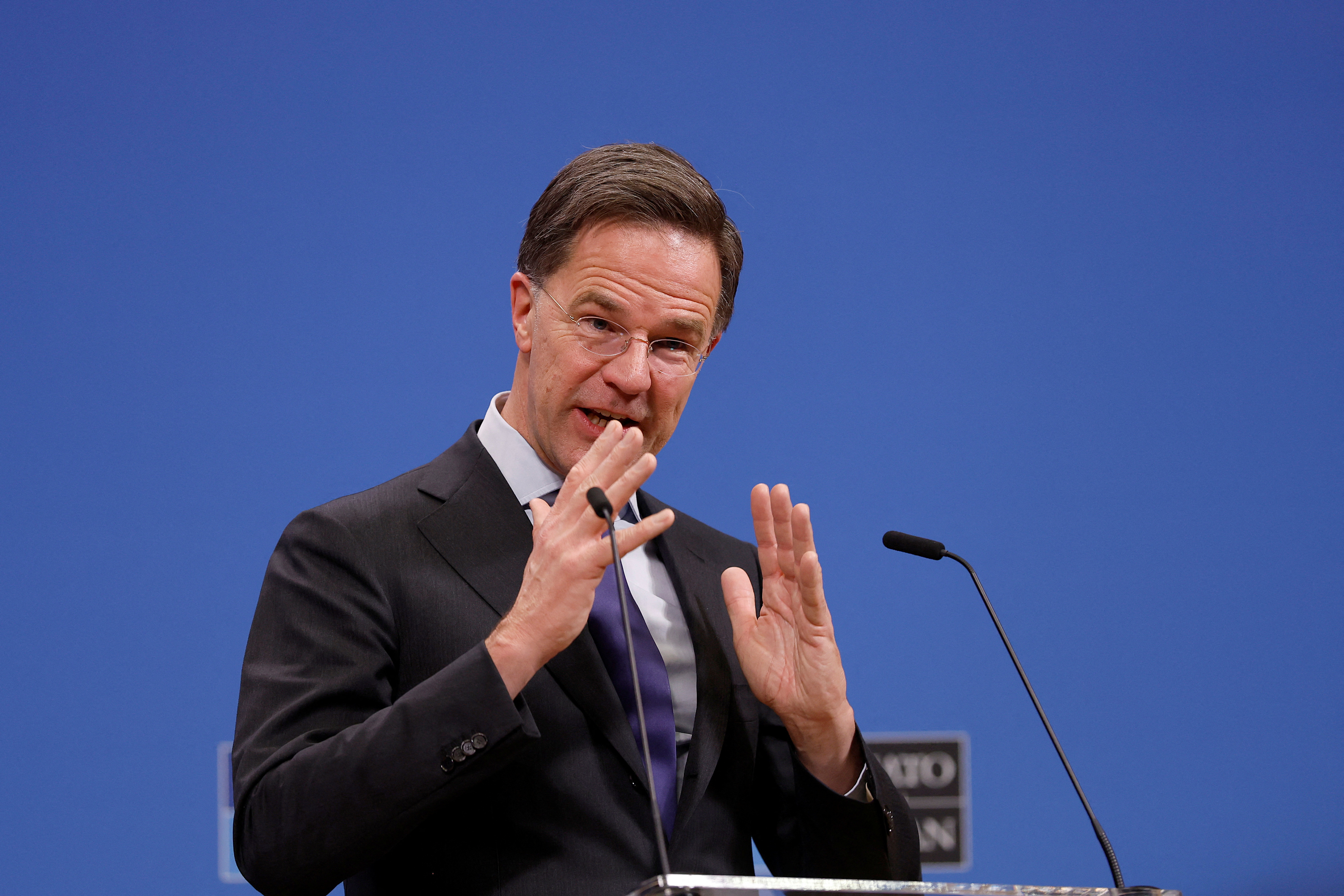 NATO Secretary General Mark Rutte speaks during a press conference at NATO headquarters in Brussels, Belgium