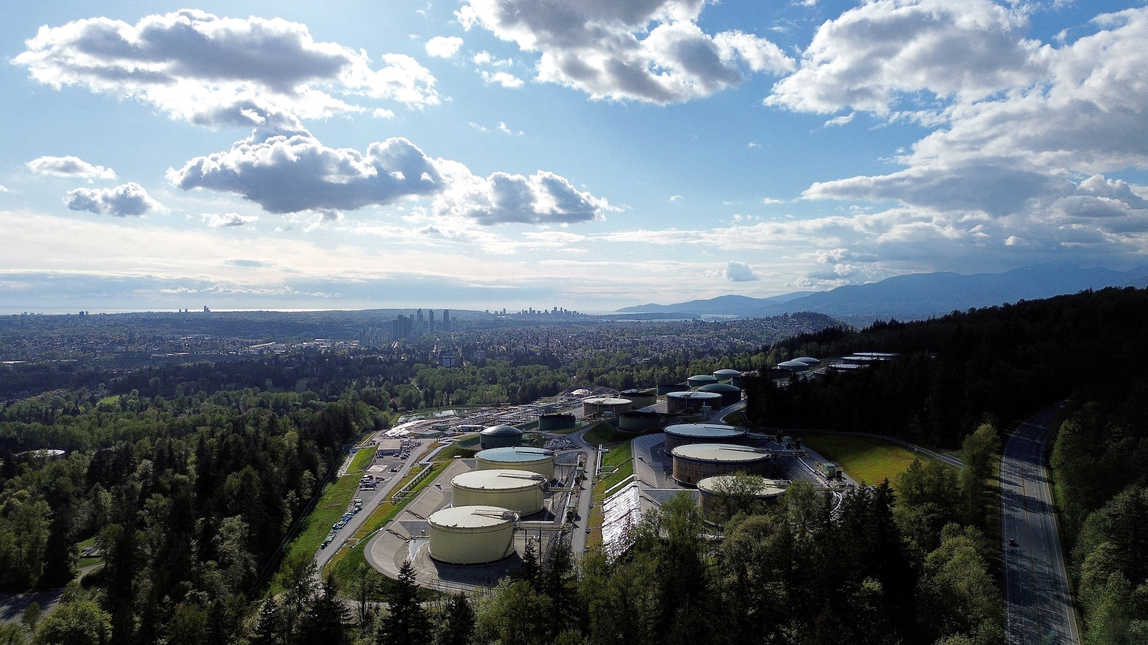 A drone view of the Trans Mountain Burnaby Terminal tank farm as the Canadian government-owned Trans Mountain pipeline expansion project became operational in Burnaby, British Columbia, Canada May 1, 2024.