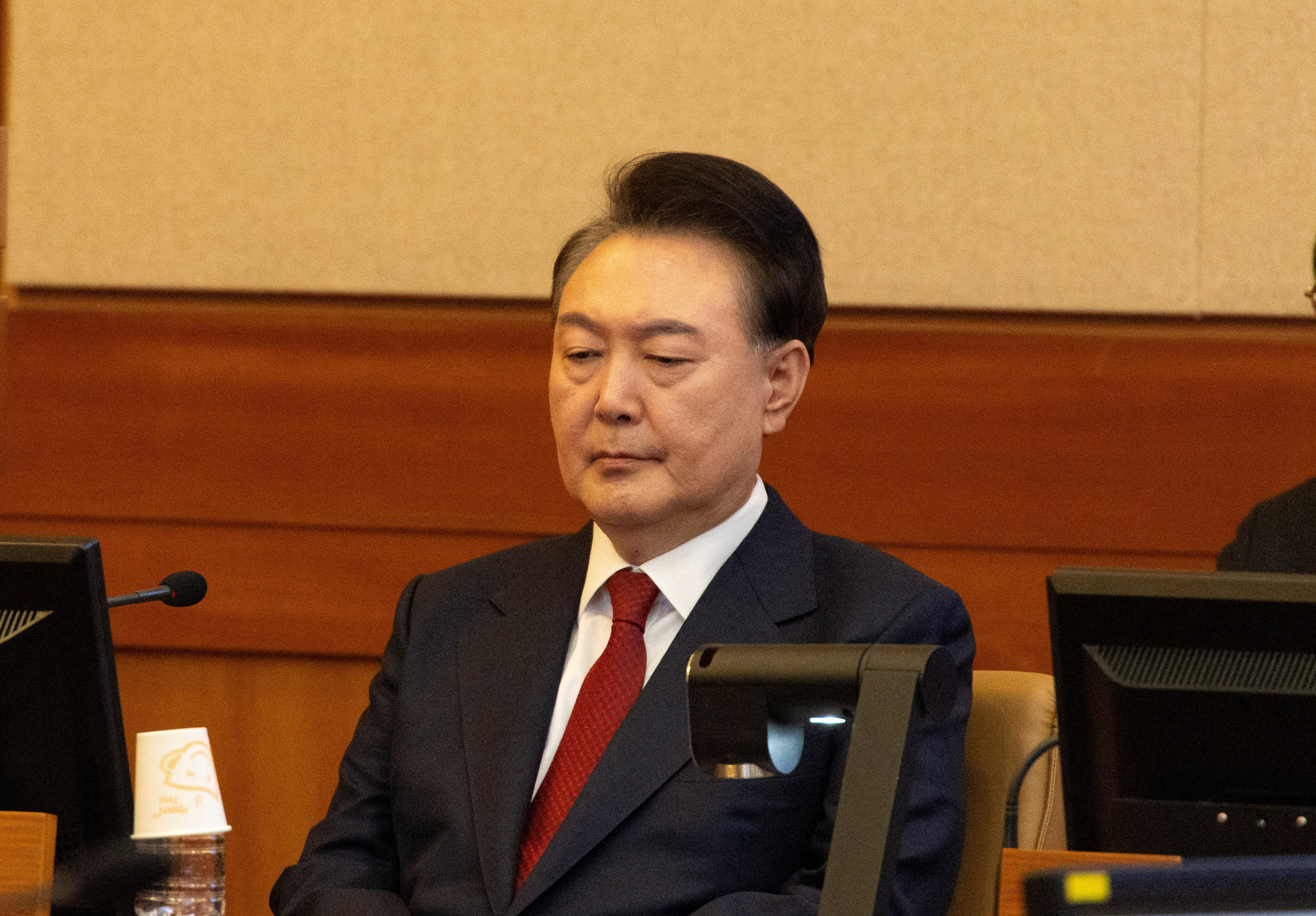 South Korea's impeached President Yoon Suk Yeol attends his impeachment trial over his short-lived imposition of martial law, at the Constitutional Court in Seoul, South Korea, February 13, 2025. JEON HEON-KYUN/Pool via REUTERS