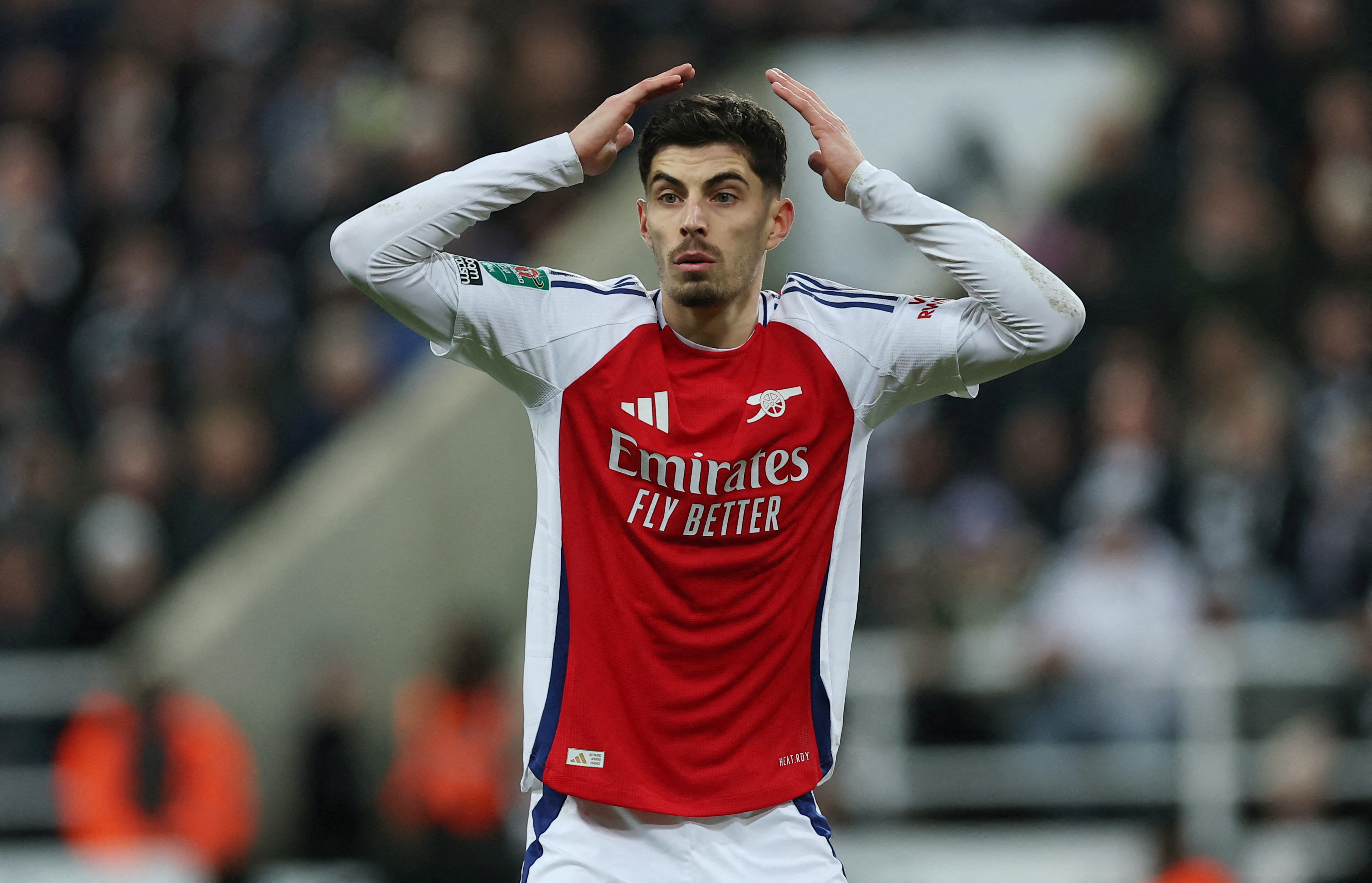 FILE PHOTO: Soccer Football - Carabao Cup - Semi Final - Second Leg - Newcastle United v Arsenal - St James' Park, Newcastle, Britain - February 5, 2025 Arsenal's Kai Havertz reacts Action Images via Reuters/Lee Smith EDITORIAL USE ONLY. NO USE WITH UNAUTHORIZED AUDIO, VIDEO, DATA, FIXTURE LISTS, CLUB/LEAGUE LOGOS OR 'LIVE' SERVICES. ONLINE IN-MATCH USE LIMITED TO 120 IMAGES, NO VIDEO EMULATION. NO USE IN BETTING, GAMES OR SINGLE CLUB/LEAGUE/PLAYER PUBLICATIONS. PLEASE CONTACT YOUR ACCOUNT REPRESENTATIVE FOR FURTHER DETAILS../File Photo