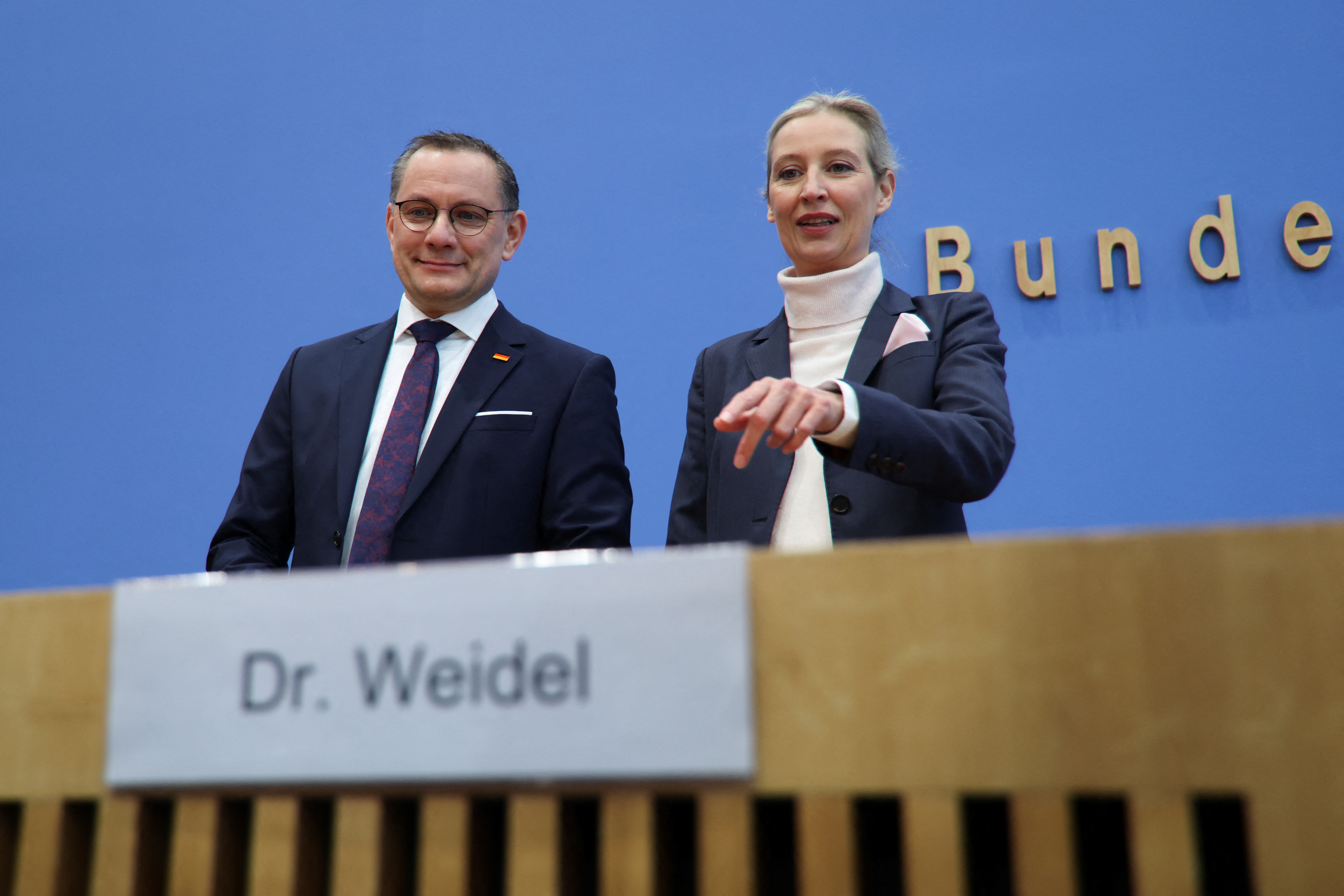 Co-leaders of Germany's far-right Alternative for Germany (AfD) party Alice Weidel and Tino Chrupalla attend a press conference after the German general election in Berlin, Germany February 24, 2025. REUTERS/Wolfgang Rattay
