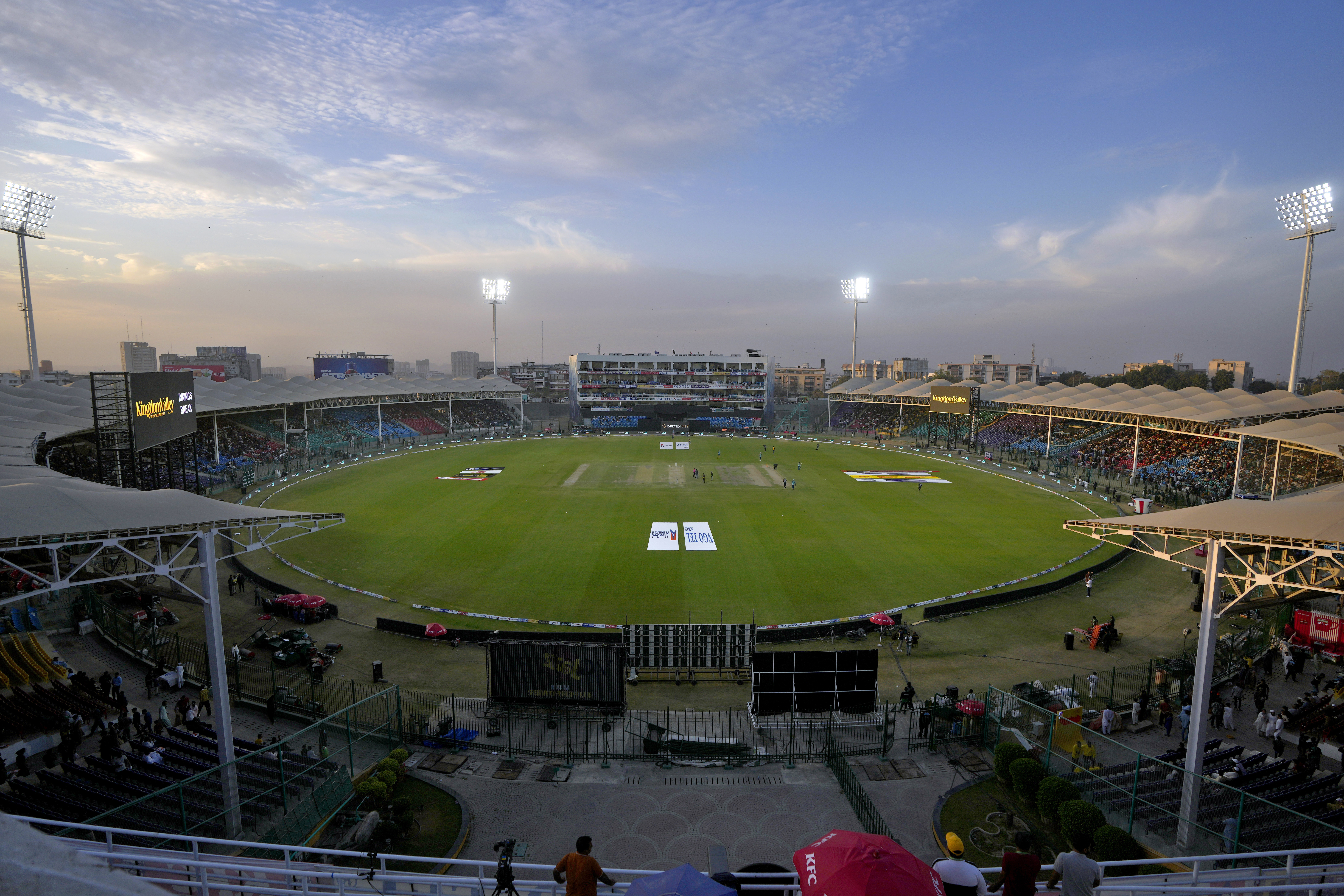 A view of newly renovated National Bank Stadium, where fans watch the tri-series ODI cricket final match between Pakistan and New Zealand, in Karachi, Pakistan, Friday, Feb. 14, 2025. (AP Photo/Fareed Khan)