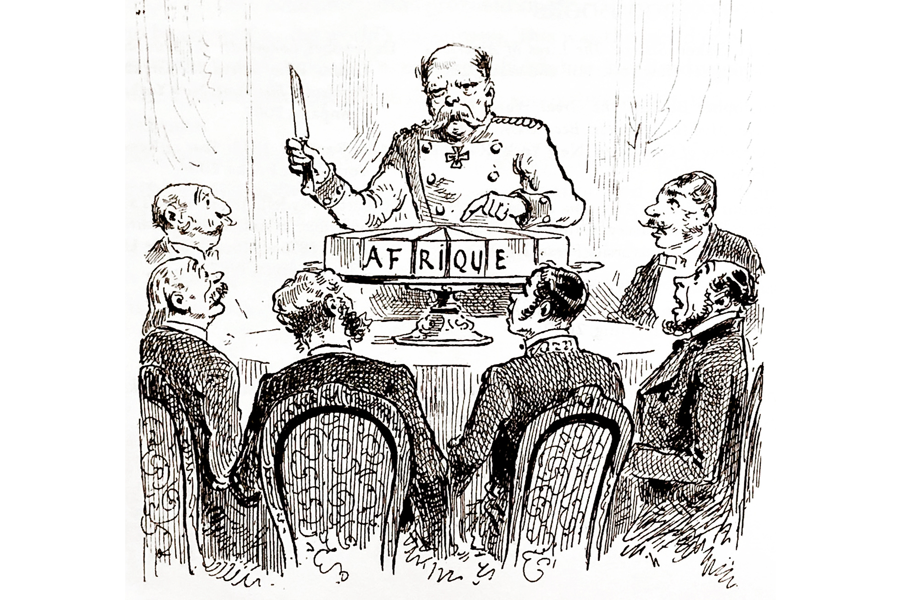 A cartoon, uncredited, in the French magazine "L'illustration" dated January 3, 1885, on page 17, presents a critical view of the Berlin Conference of 1884-1885. It depicts Otto von Bismarck, the then Chancellor of Germany, cutting a cake labeled 'Africa' with a knife, symbolizing the division of the continent. The other delegates at the conference are shown sitting around the table, watching the scene in shock.