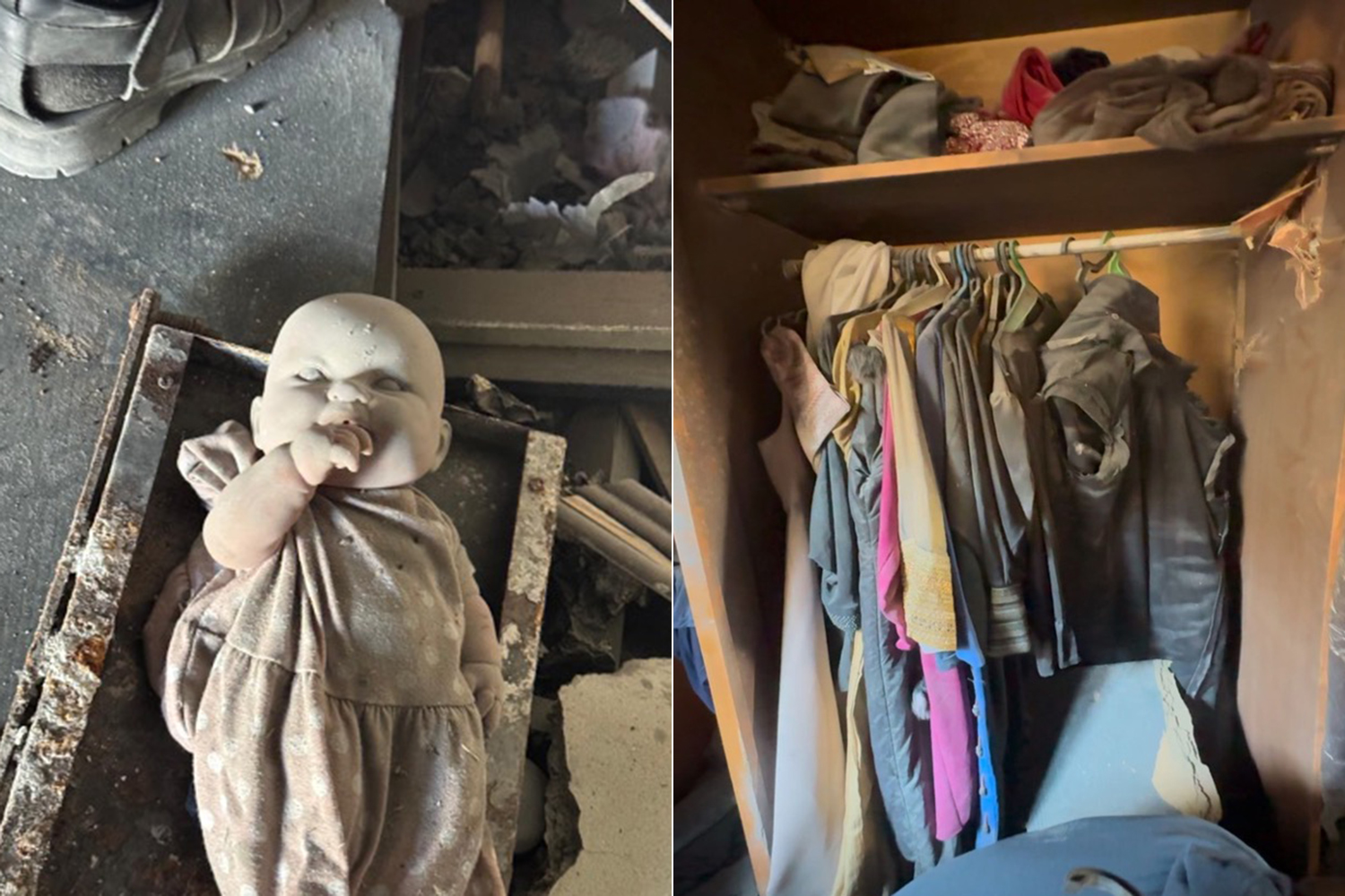 Two images side by side, on the left a doll found in the rubble, on the right clothes hanging in a wardrobe 