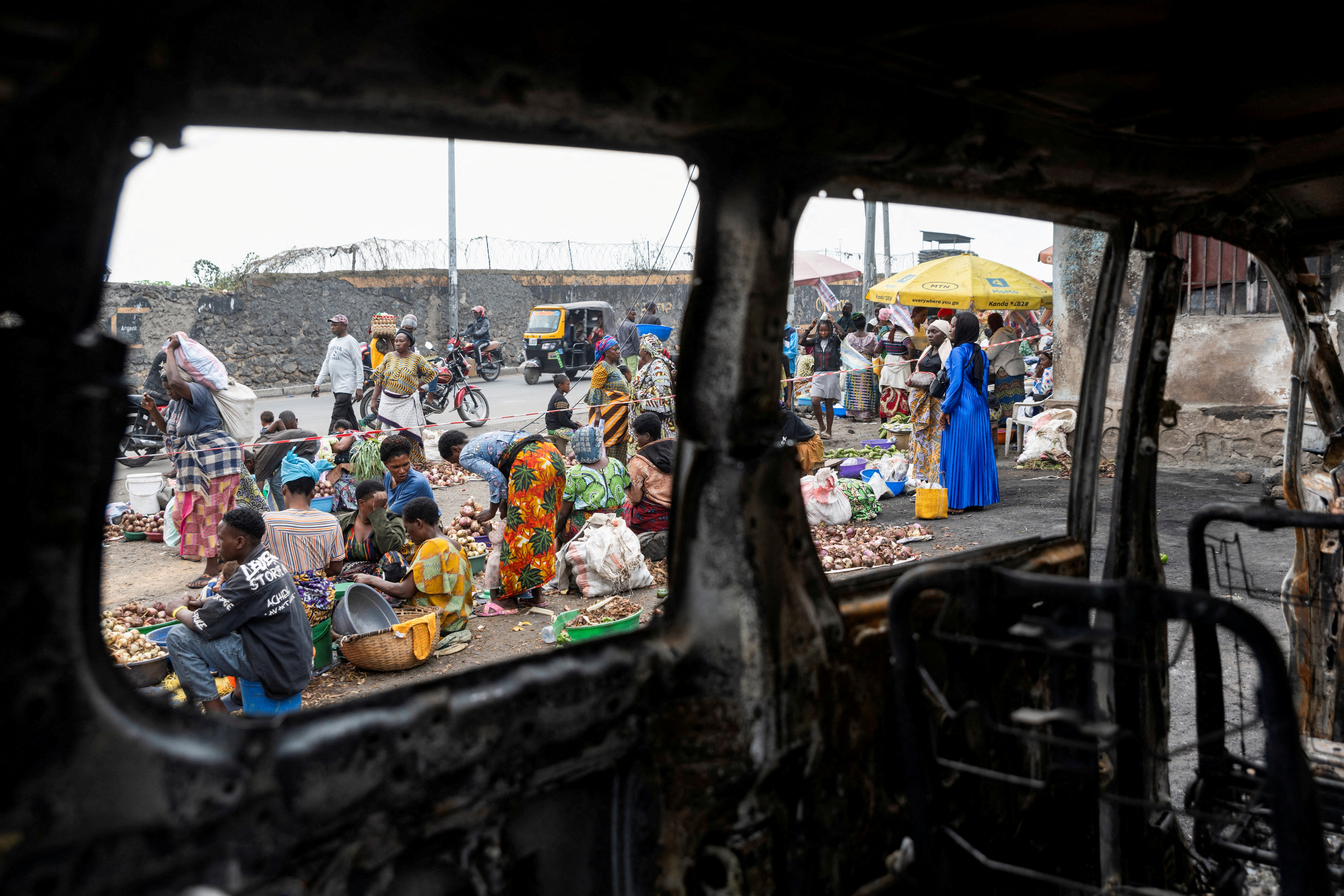 FILE PHOTO: A view shows the remains of a vehicle hit by heavy and light weapons during the fighting in the town that led to the fall of Goma into the hands of the M23 rebels, eastern Democratic Republic of Congo, February 5, 2025. REUTERS/Arlette Bashizi/File Photo
