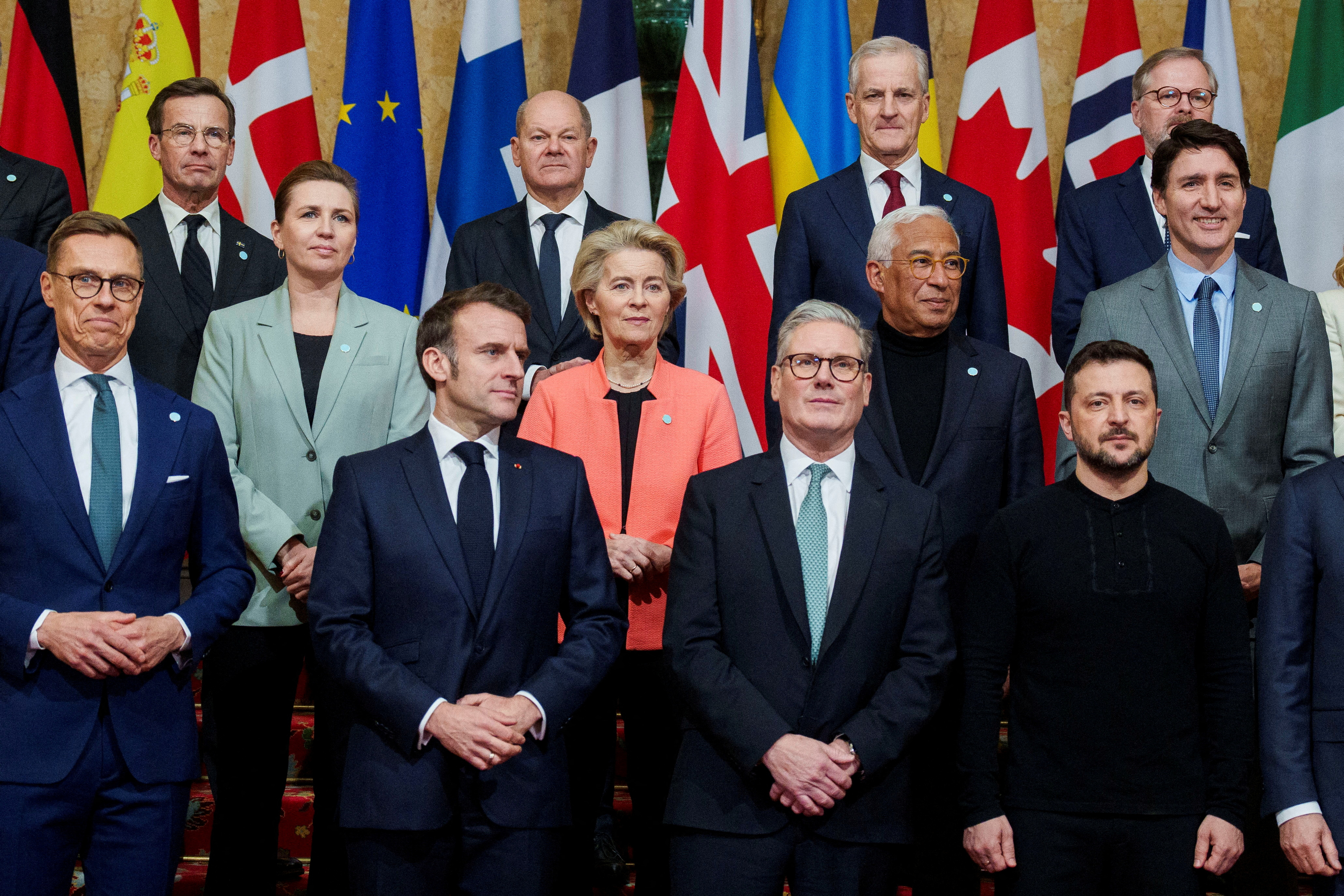 Britain's Prime Minister Keir Starmer, President Volodymyr Zelenskiy, France's President Emmanuel Macron, Canada's Prime Minister Justin Trudeau, Germany's Chancellor Olaf Scholz, European Commission President Ursula von der Leyen, European Council President Antonio Costa, Denmark's Prime Minister Mette Frederiksen, Sweden's Prime Minister Ulf Kristersson, Norway's Prime Minister Jonas Gahr Store, Finland's President Alexander Stubb and other officials attend the European leaders' summit to discuss European security and Ukraine,