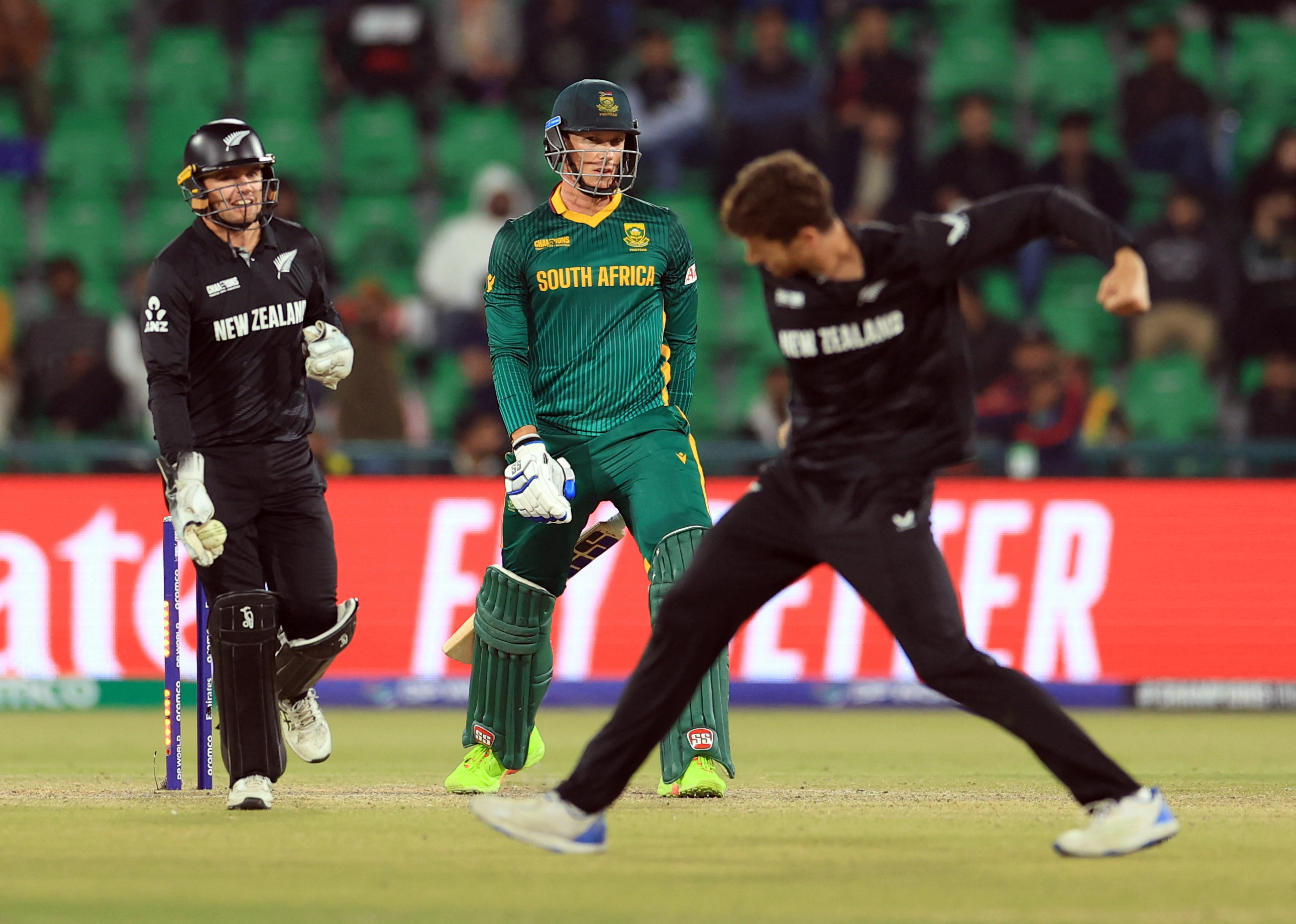 Cricket - ICC Men's Champions Trophy - Semi Final - South Africa v New Zealand - Gaddafi Stadium, Lahore, Pakistan - March 5, 2025 South Africa's Rassie van der Dussen reacts after getting bowled out by New Zealand's Mitchell Santner REUTERS/Akhtar Soomro