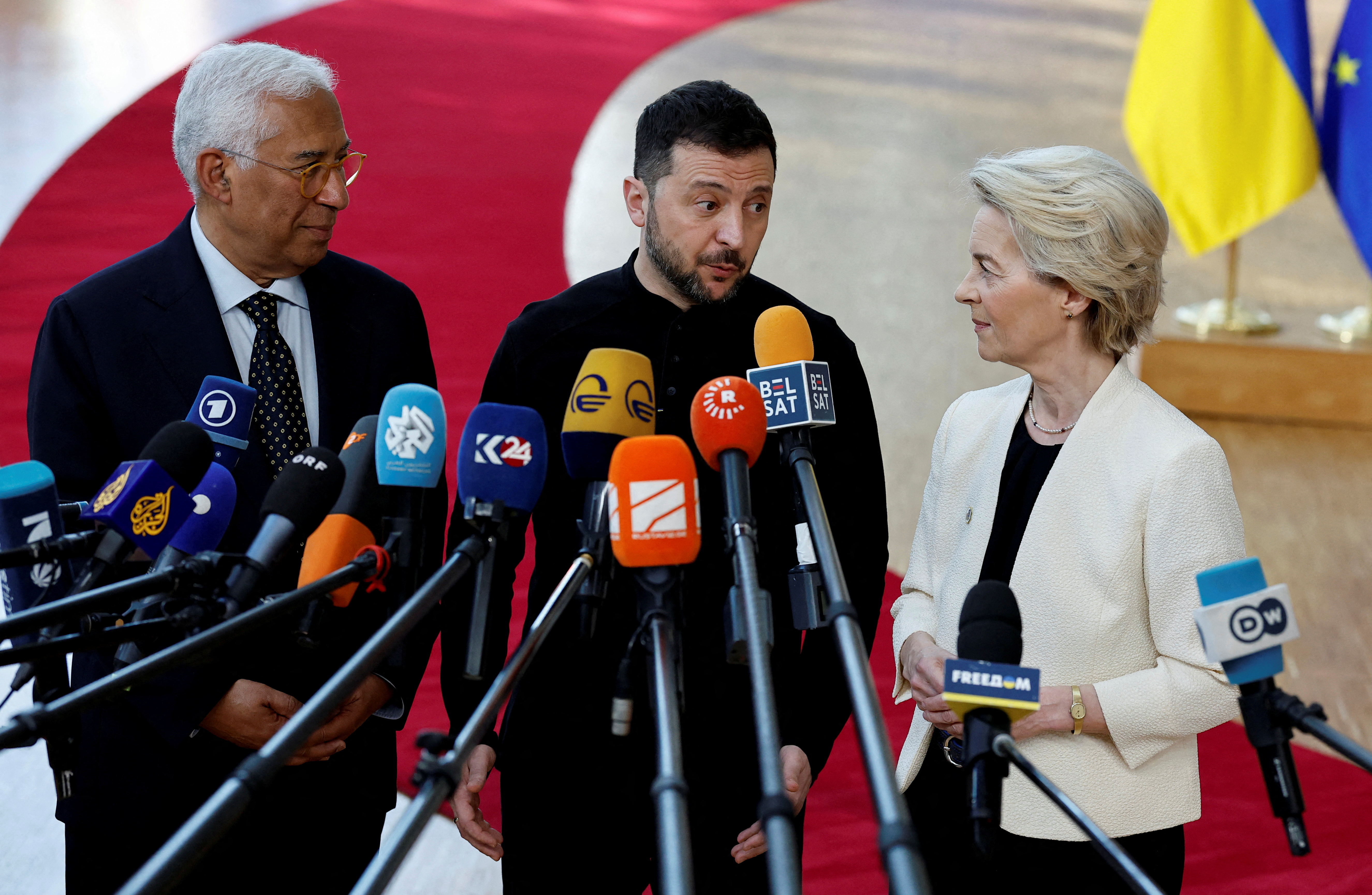 Ukrainian President Volodymyr Zelenskyy, European Council President Antonio Costa and European Commission President Ursula von der Leyen