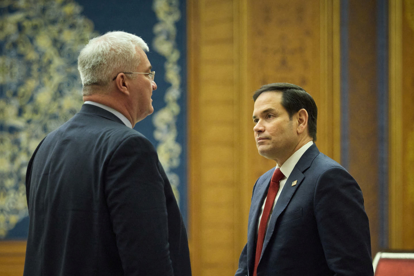 US Secretary of State Marco Rubio speaks with Ukrainian Foreign Minister Andrii Sybiha during a meeting in Jeddah, Saudi Arabia, March 11, 2025.
