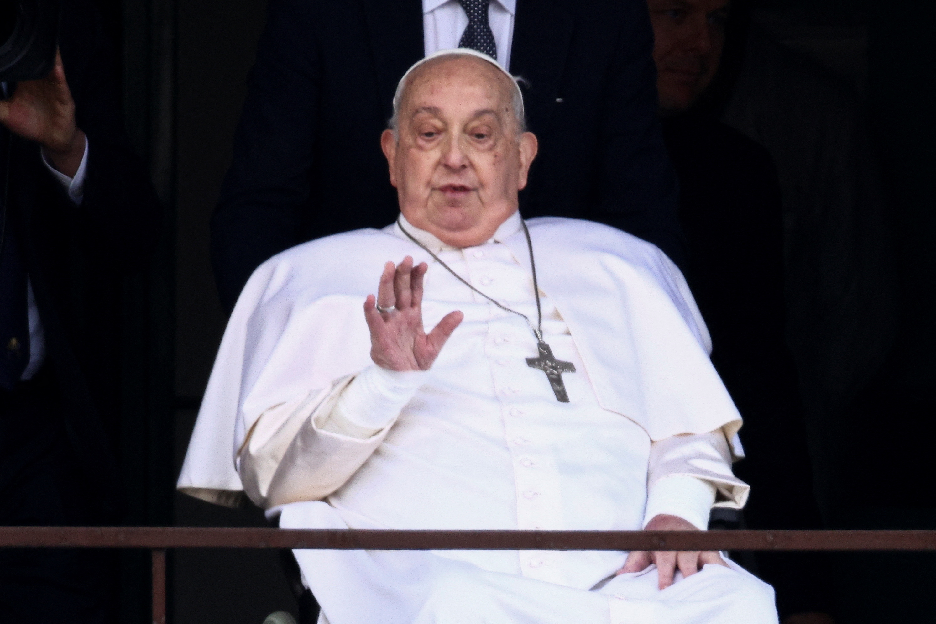 Pope Francis gestures during his first public appearance in five weeks.