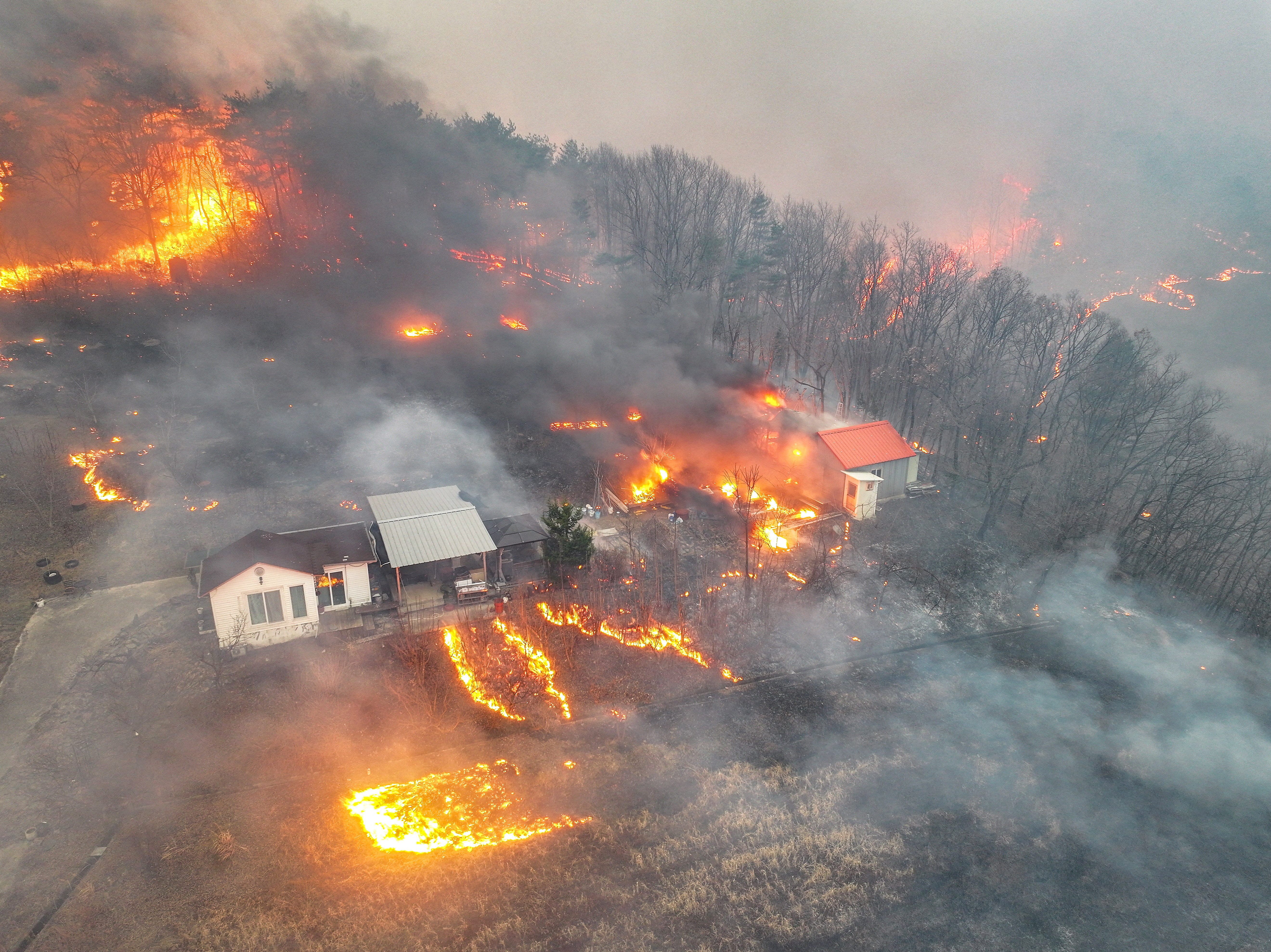 A house is surrounded by wildfire that devastates the area, in Uiseong, South Korea, March 24, 2025. Yonhap via REUTERS THIS IMAGE HAS BEEN SUPPLIED BY A THIRD PARTY. NO RESALES. NO ARCHIVES. SOUTH KOREA OUT. NO COMMERCIAL OR EDITORIAL SALES IN SOUTH KOREA. TPX IMAGES OF THE DAY