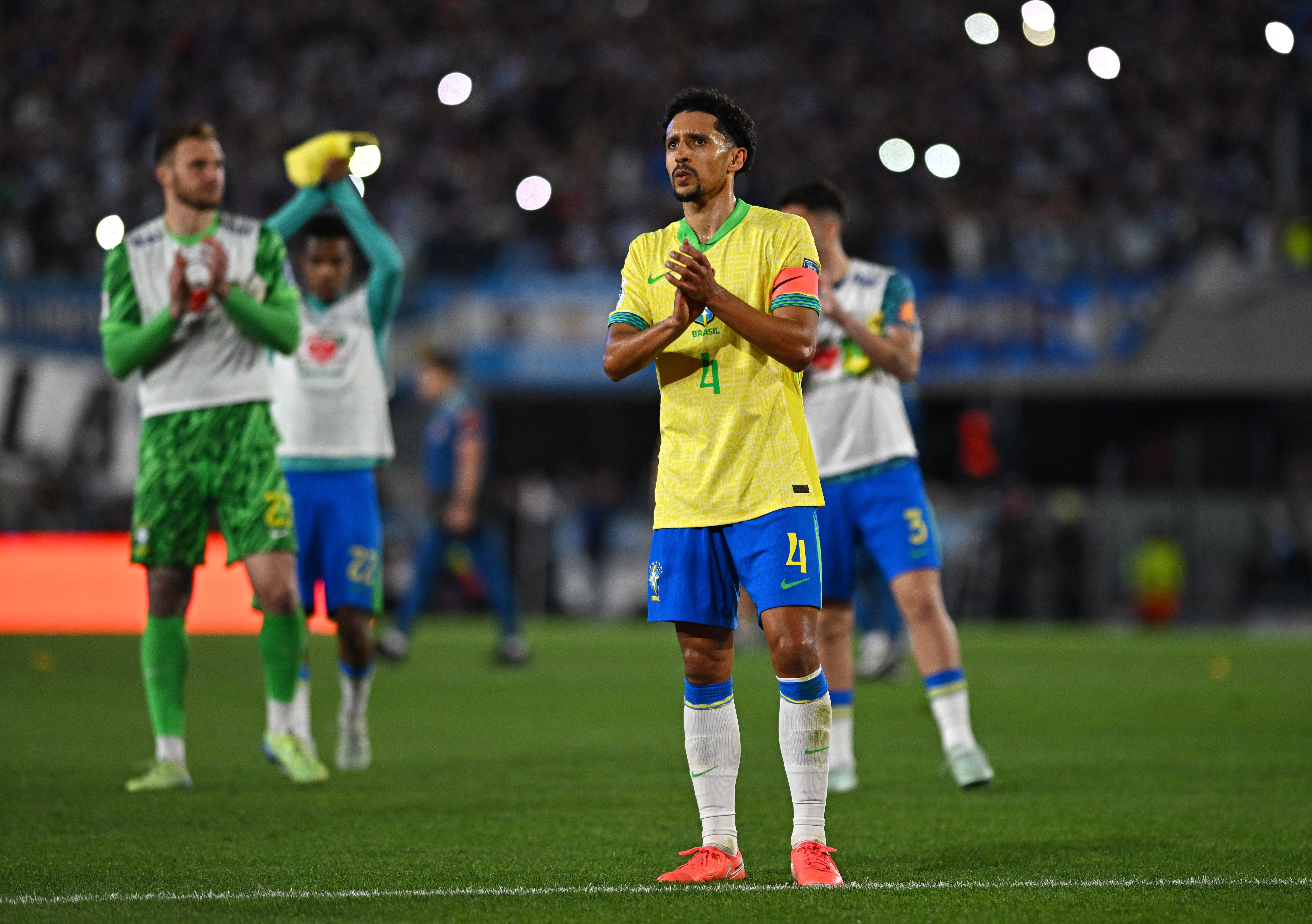 Soccer Football - World Cup - South American Qualifiers - Argentina v Brazil - Estadio Mas Monumental, Buenos Aires, Argentina - March 25, 2025 Brazil's Marquinhos looks dejected after the match REUTERS/Rodrigo Valle