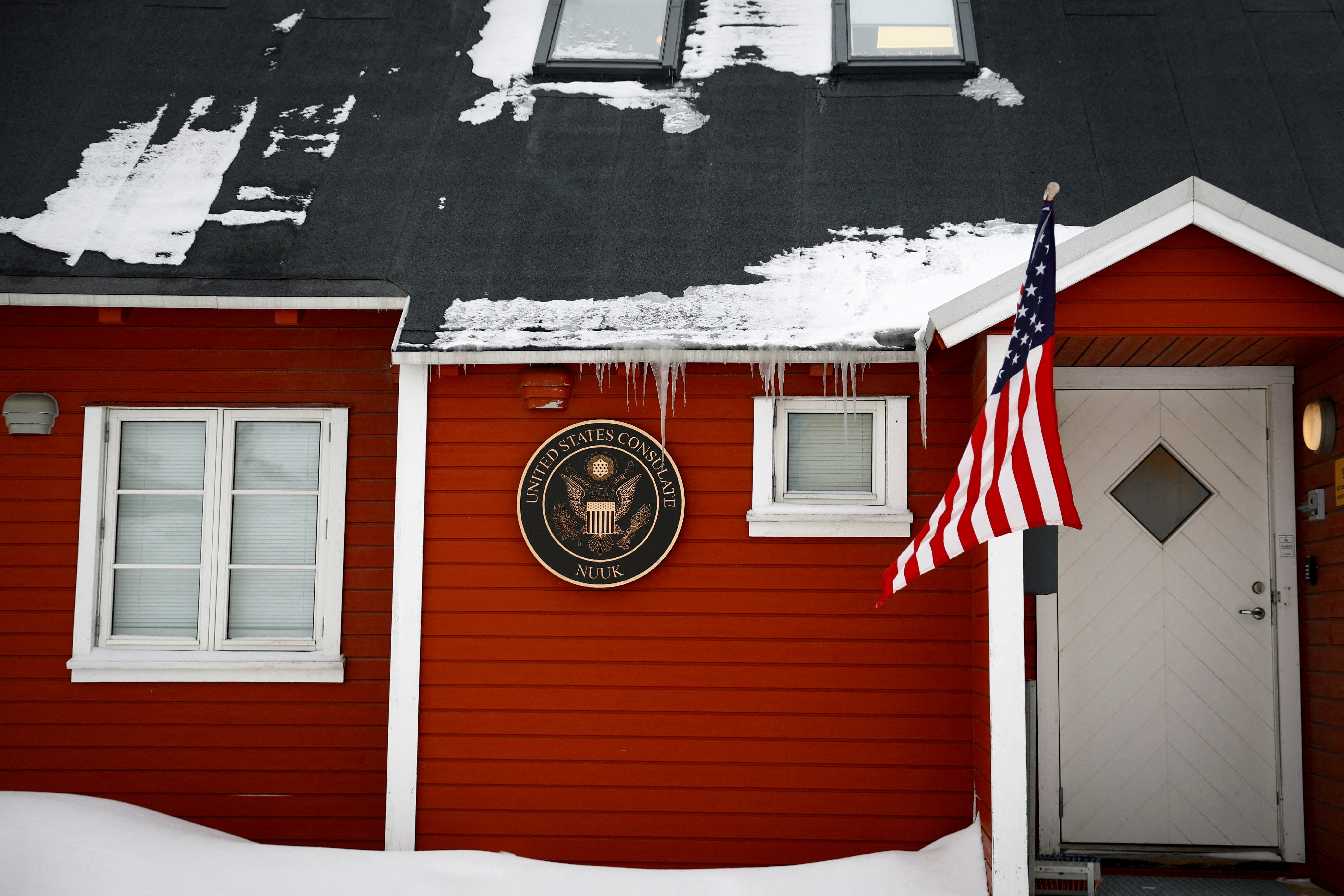 FILE PHOTO: Snow covers part of the roof at the U.S. Consulate in Nuuk, Greenland, February 5, 2025. REUTERS/Sarah Meyssonnier//File Photo