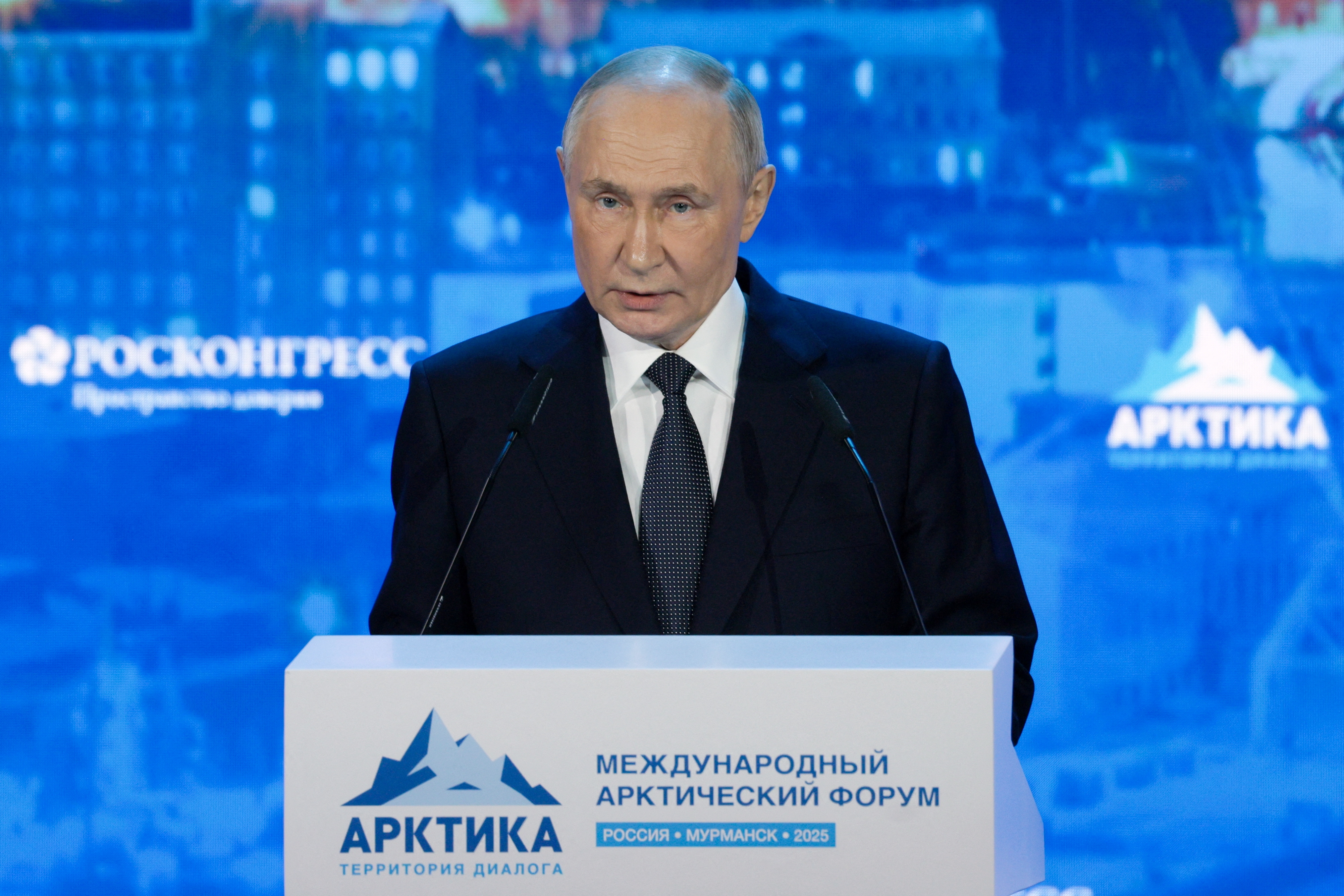 Russian President Vladimir Putin attends the International Arctic Forum in Murmansk, Russia March 27, 2025. Sputnik/Gavriil Grigorov/Pool via REUTERS ATTENTION EDITORS - THIS IMAGE WAS PROVIDED BY A THIRD PARTY.