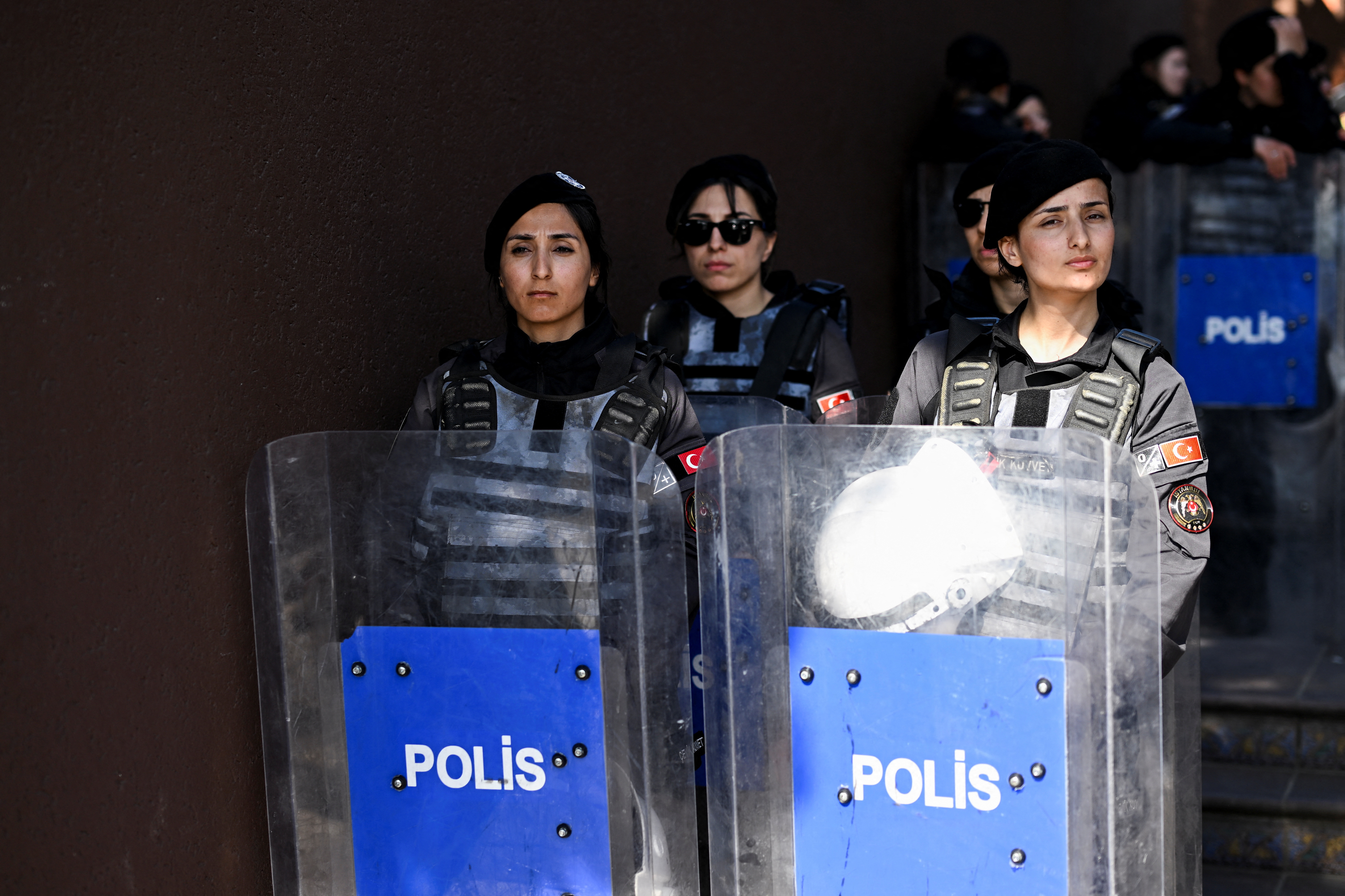 Police stand guard during a rally to protest against the arrest of Istanbul Mayor Ekrem Imamoglu as part of a corruption investigation, in Istanbul, Turkey, March 29, 2025. REUTERS/Dylan Martinez