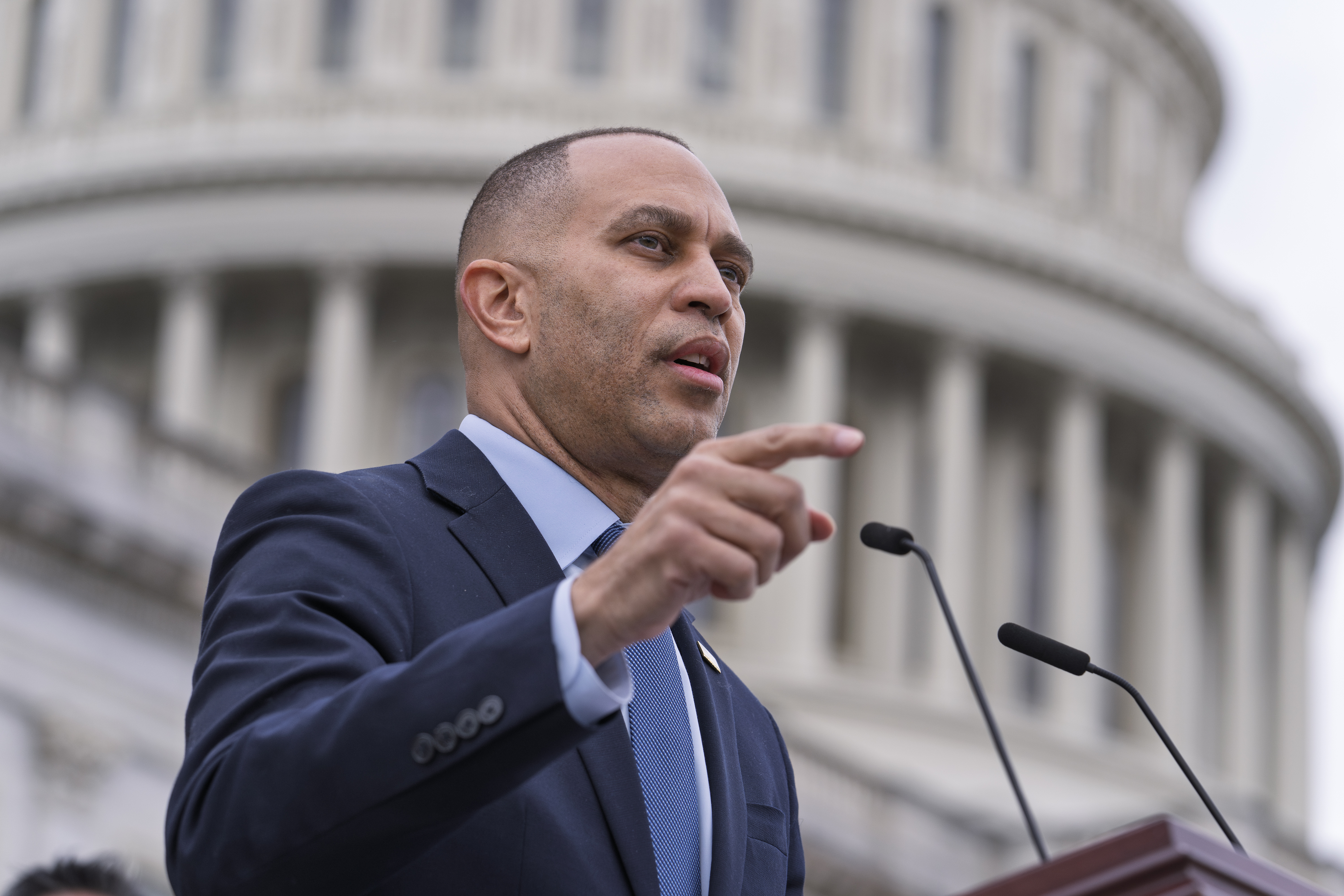 House Minority Leader Hakeem Jeffries speaks out against the Republican budget plan, on the House steps at the Capitol in Washington, February 25, 2025. [Scott Applewhite/AP]