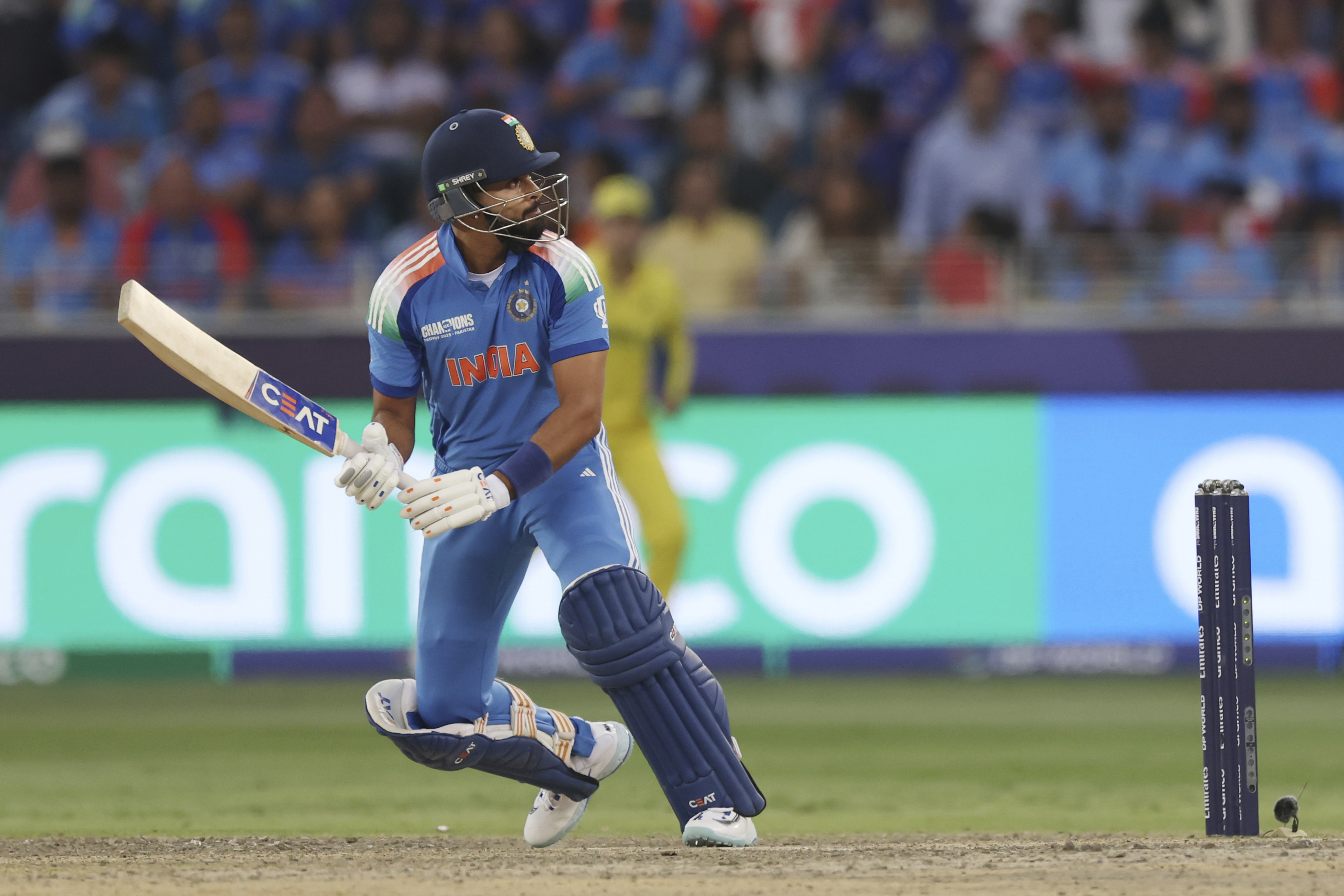 India's Shreyas Iyer plays a shot during the ICC Champions Trophy semifinal cricket match between India and Australia at Dubai International Cricket Stadium in Dubai, United Arab Emirates, Tuesday, March 4, 2025. (AP Photo/Christopher Pike)