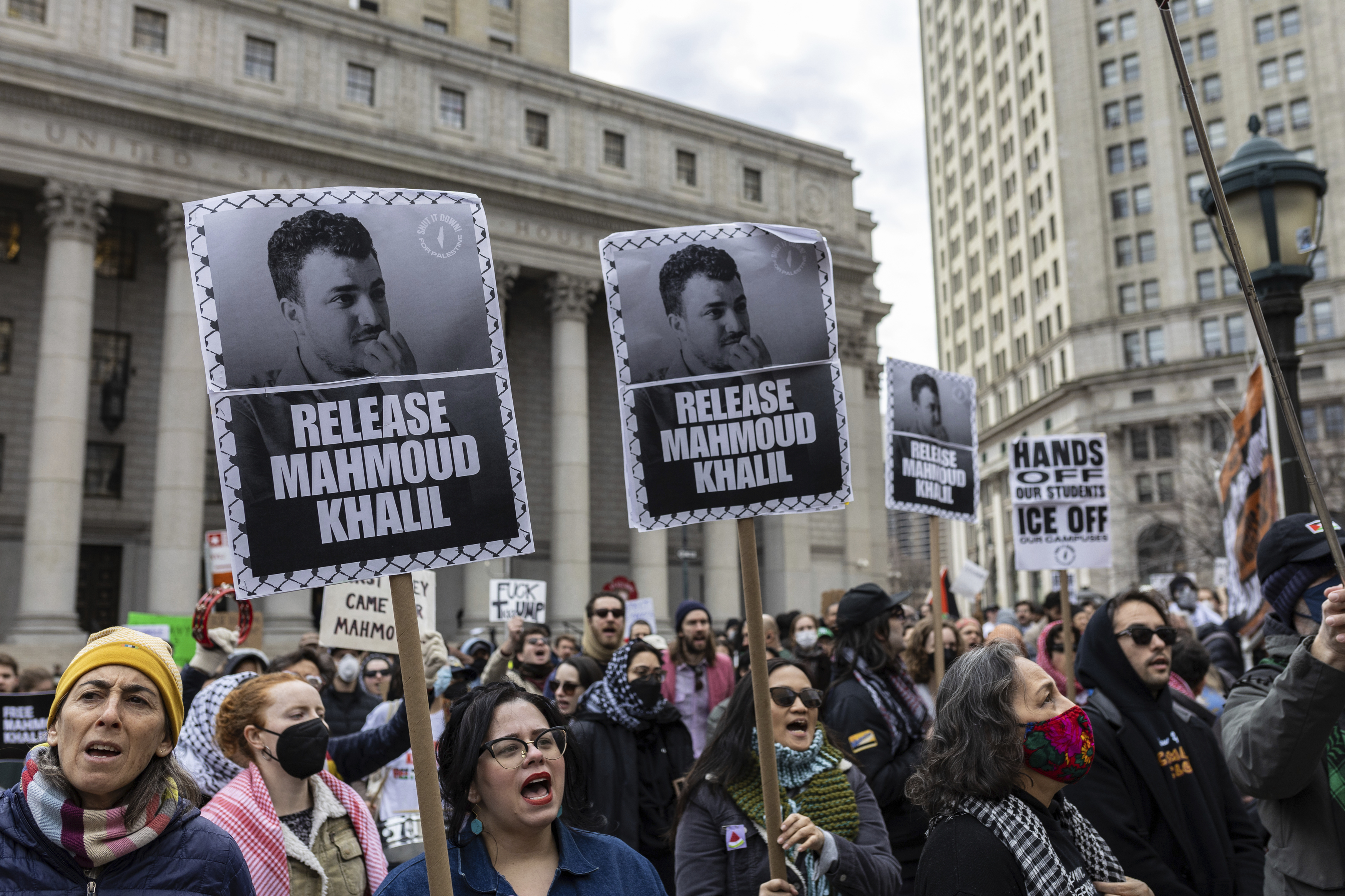A crowd gathers in Foley Square, outside the Manhattan federal court, in support of Mahmoud Khalil, Wednesday, March 12, 2025, in New York.
