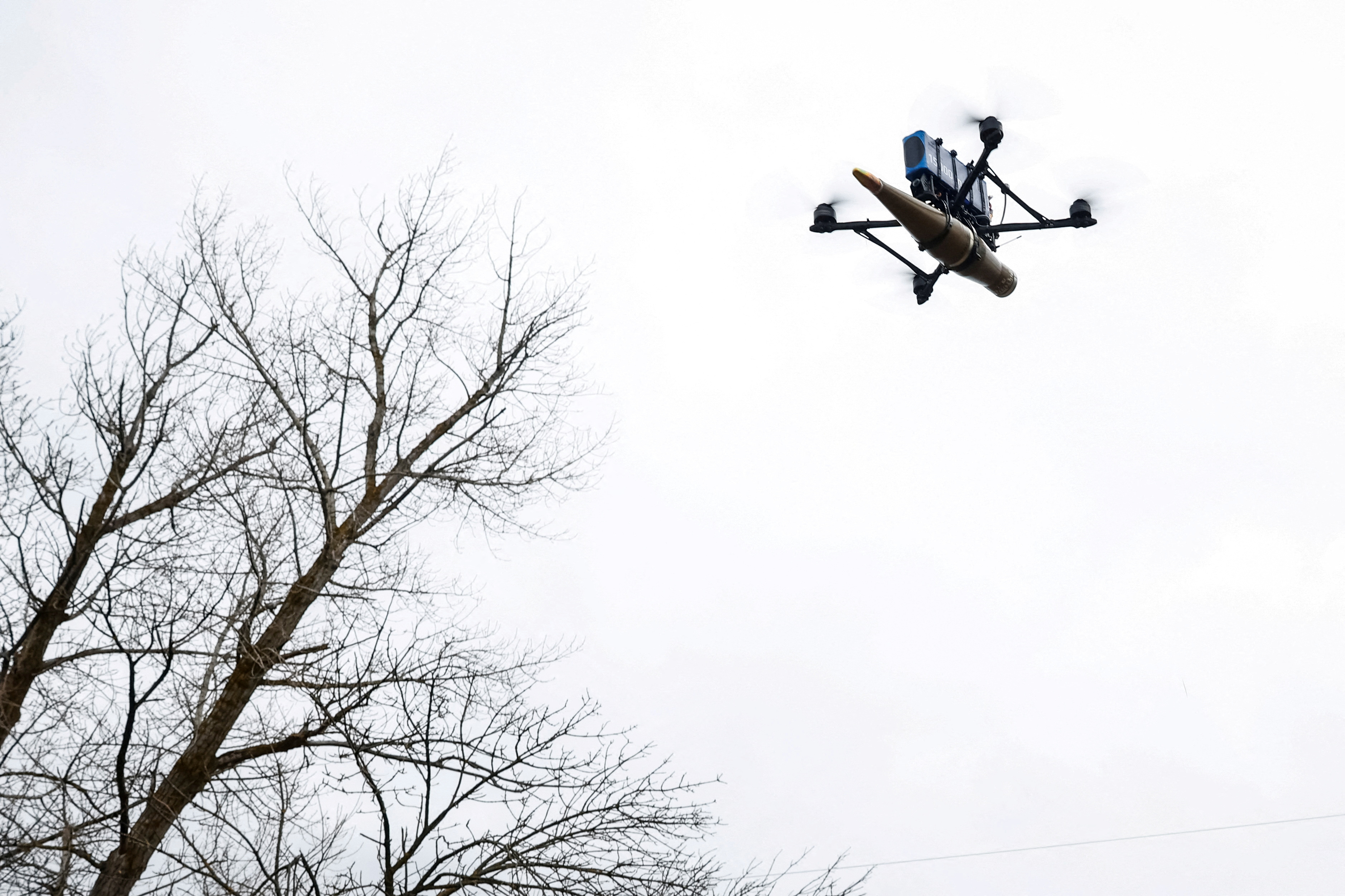 A first-person view (FPV) drone is seen in flight at an undisclosed location in Kharkiv region, Ukraine on January 19, 2025.